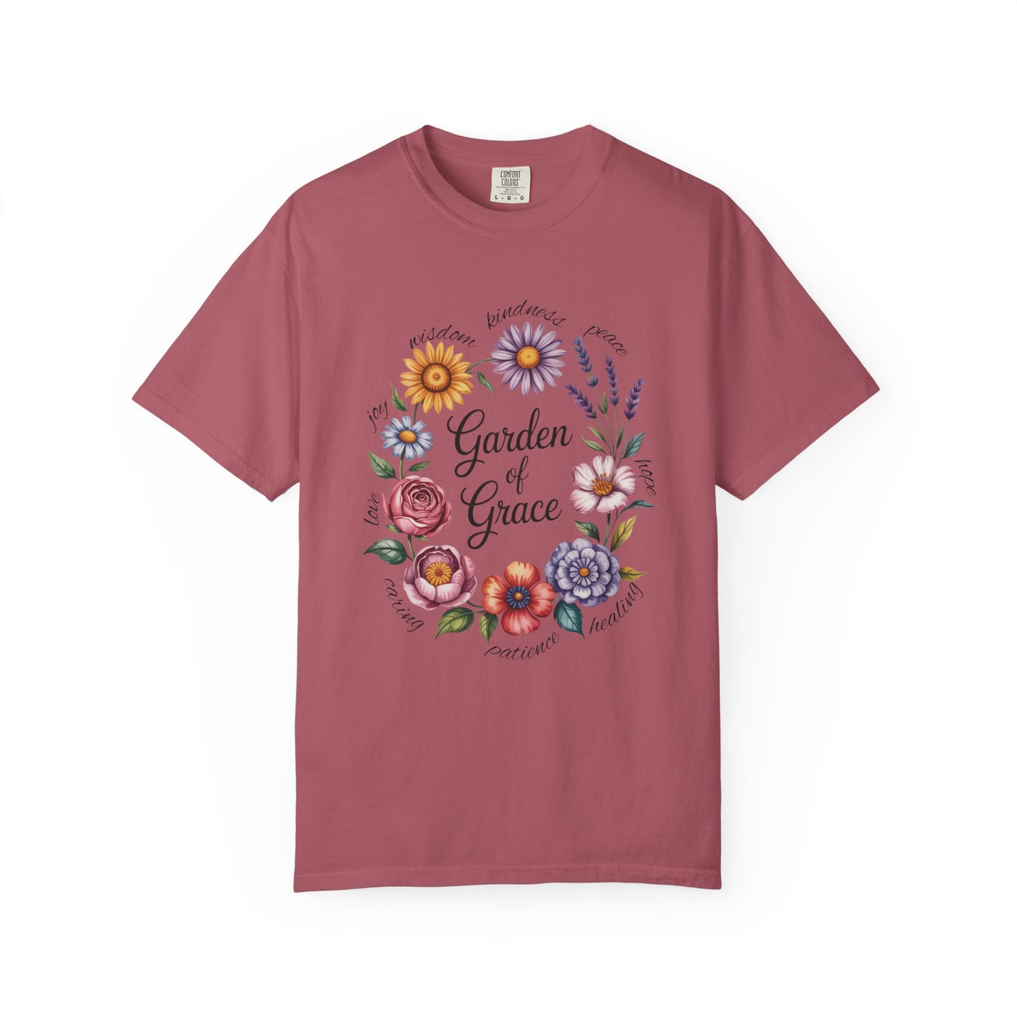 Garden of Grace Floral Wisdom T-shirt showcasing various flowers and inspirational words, ideal for nature lovers. The double-needle stitching and garment-dyed fabric highlight its quality and comfort.