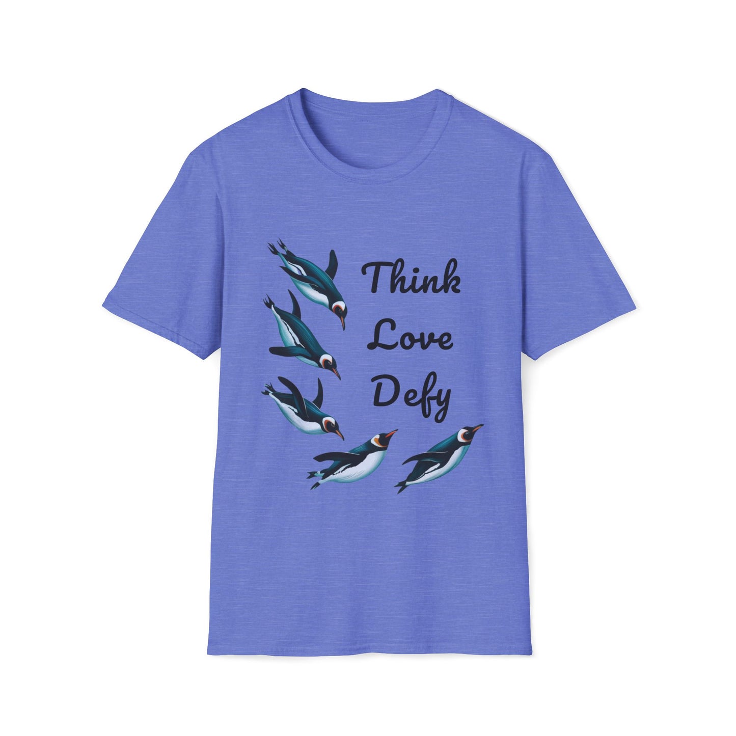 Think Love Defy Penguin Animal Nature Gildan Unisex T-Shirt featuring playful penguin illustrations, suitable for casual wear and outdoor adventures, reflecting eco-friendly and comfortable design from FireBrook Essentials.