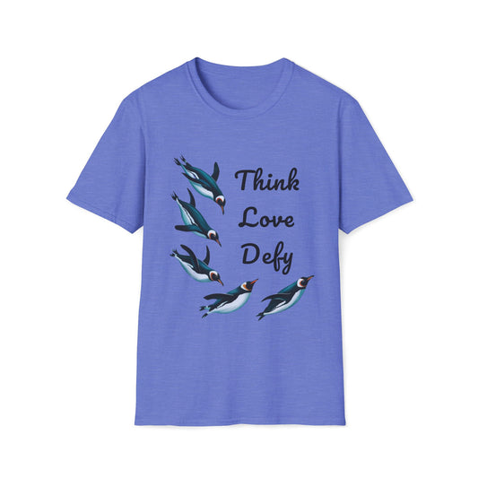 Think Love Defy Penguin Animal Nature Gildan Unisex T-Shirt featuring playful penguin illustrations, suitable for casual wear and outdoor adventures, reflecting eco-friendly and comfortable design from FireBrook Essentials.