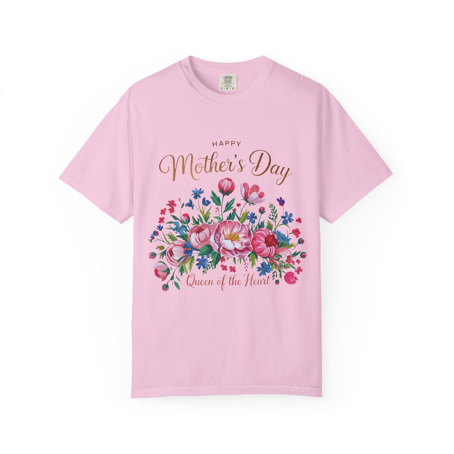 Happy Mother's Day Queen of the Heart T-Shirt featuring a classic crew neckline and durable double-needle stitching, embodies FireBrook Essentials' commitment to comfort and style with ethically-sourced cotton.
