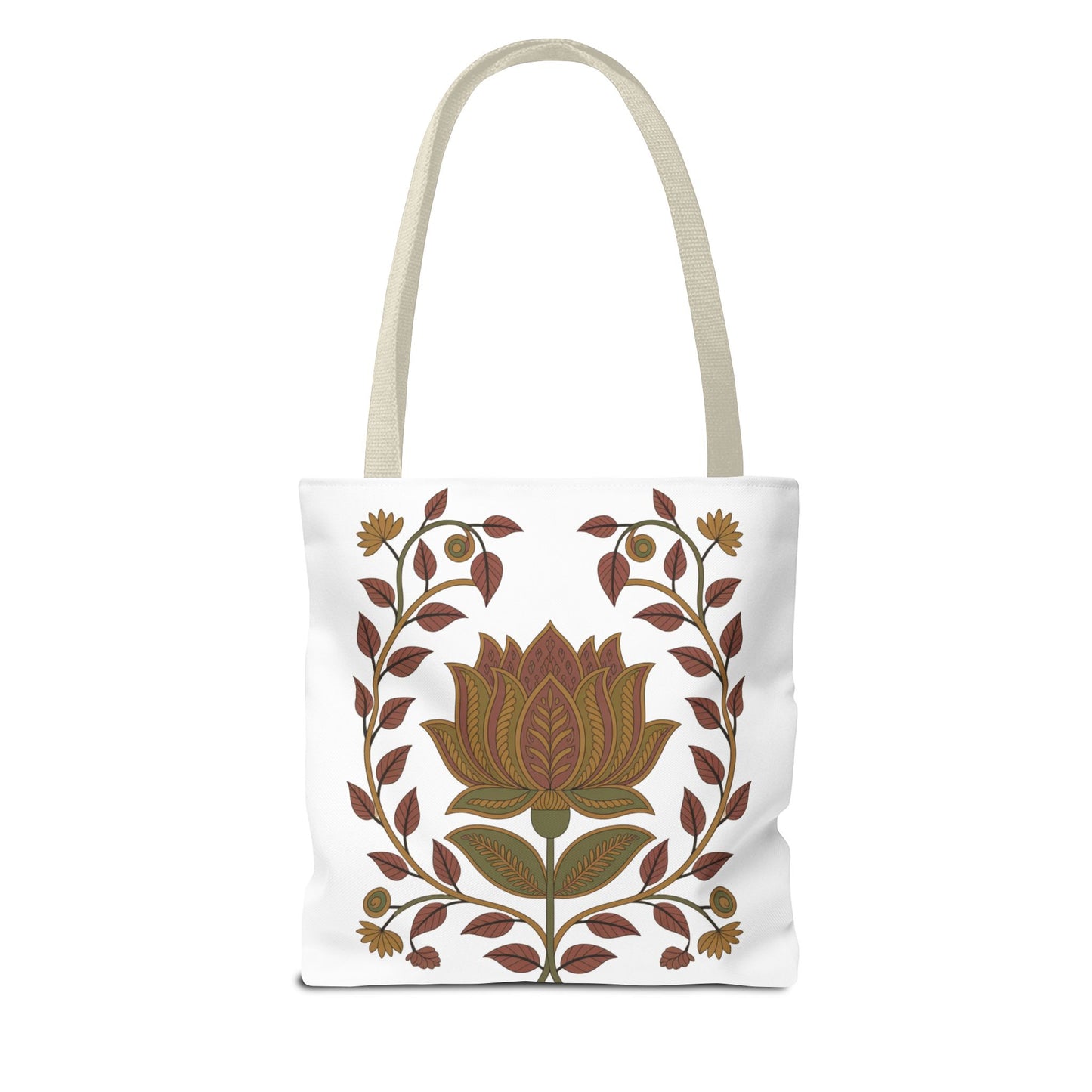 Earth Tote Bag with Floral Vines and Traditional Motifs, showcasing intricate patterns in earthy tones, ideal for daily use. A spacious, durable design, perfect for nature lovers seeking stylish functionality.