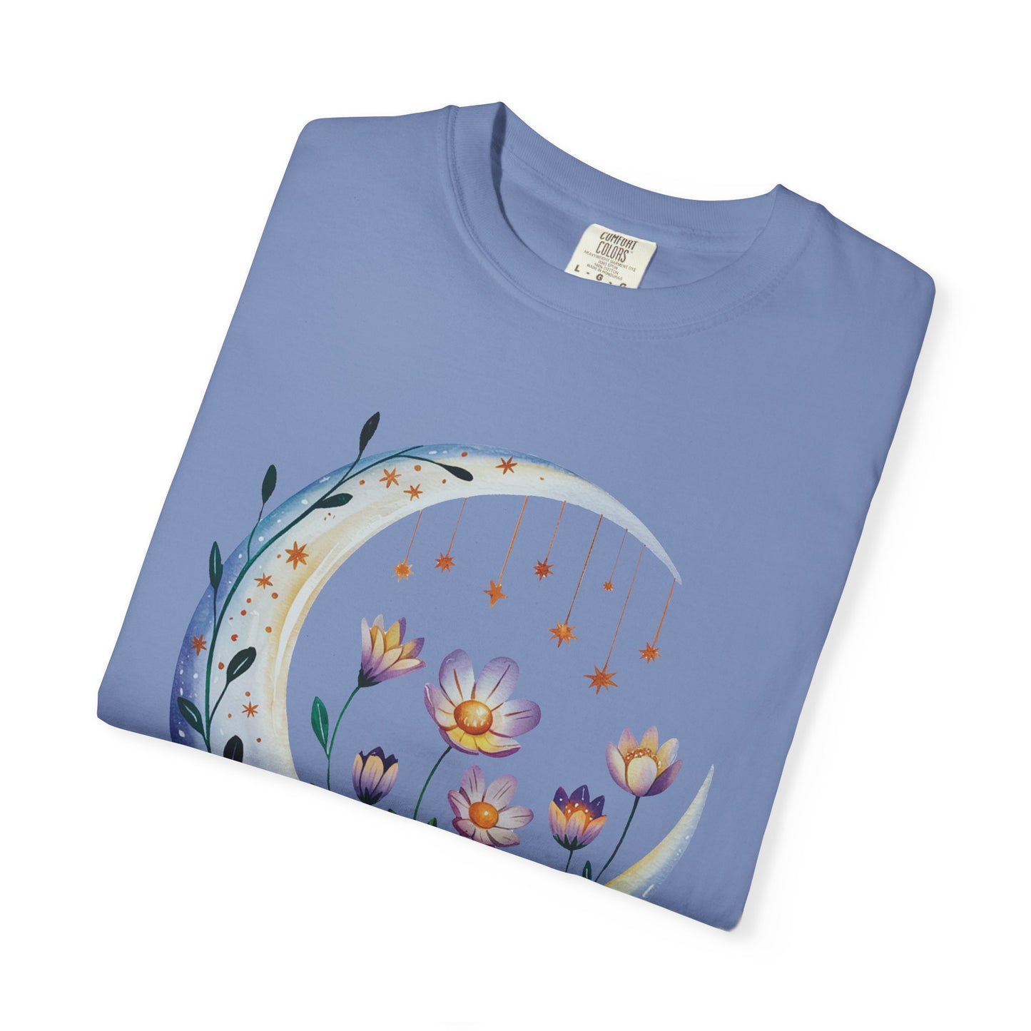 Crescent Moon Floral T-Shirt with a bohemian design, featuring durable double-needle stitching and a relaxed fit, reflecting FireBrook Essentials' commitment to comfort and uplifting style.