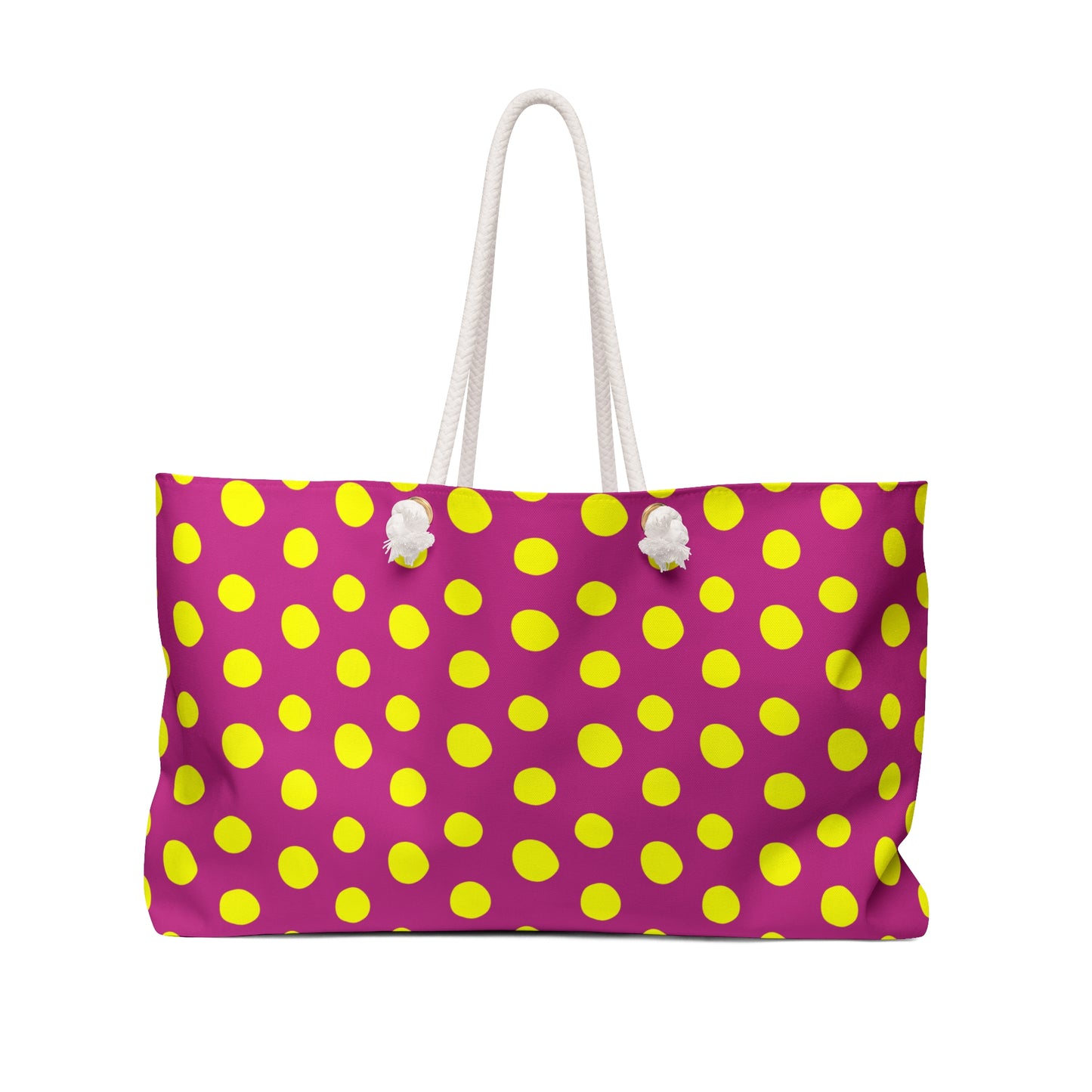 Yellow Polka Dot Red Weekender Bag with playful rope handles, ideal for stylish weekend getaways. Features a spacious 24x13 size and cream interior, reflecting FireBrook Designs' joyful, uplifting ethos.