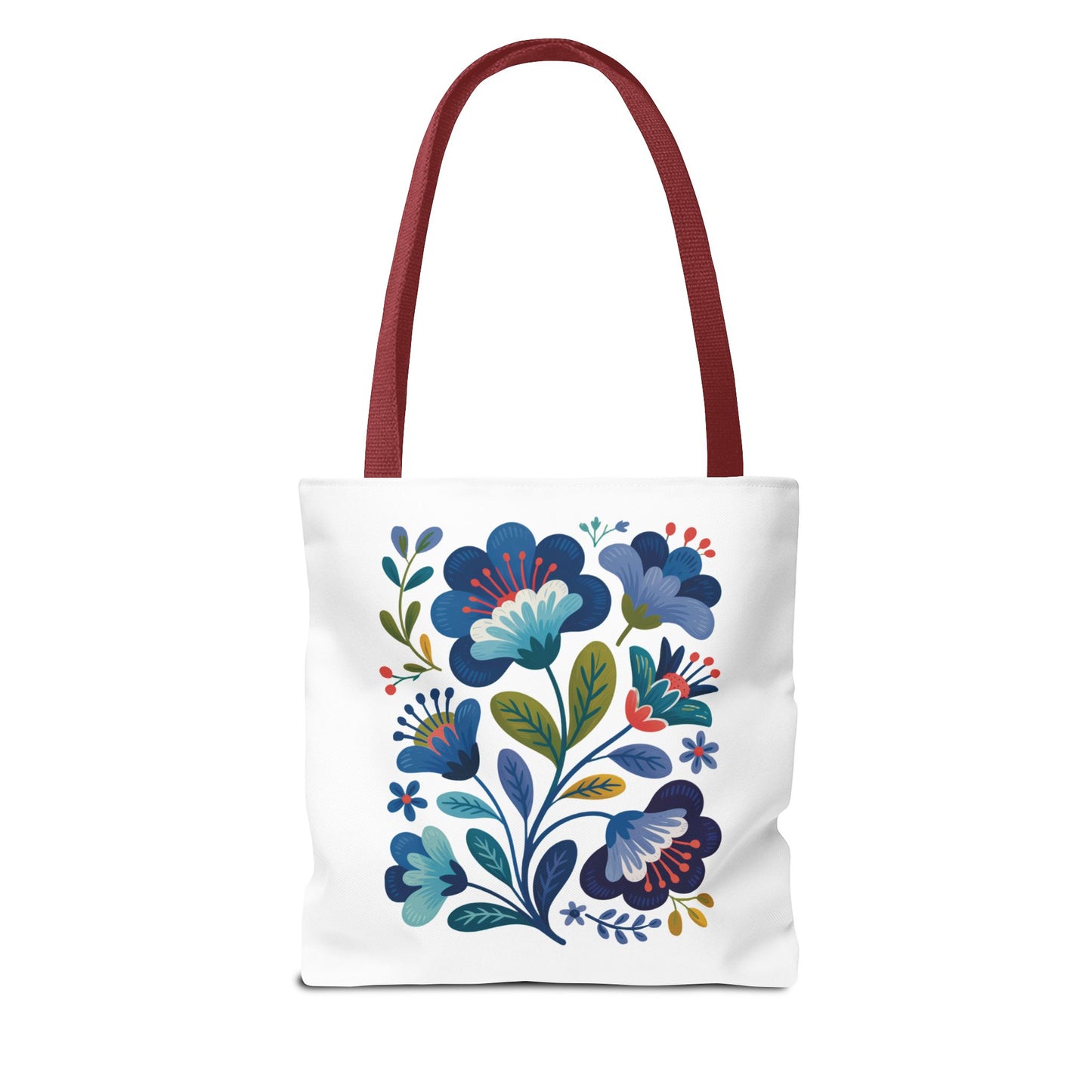 Vintage Folk Art Design Blue Floral Tote Bag featuring a charming, nostalgic pattern. Ideal for everyday use, with durable polyester and reinforced handles, reflecting FireBrook Essentials' commitment to stylish, uplifting accessories.