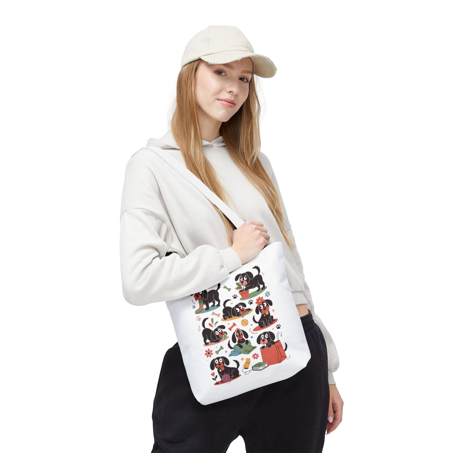 Dog Tote Bag - Playful Cartoon Illustration Design features whimsical hand-drawn dogs with everyday objects, perfect for dog lovers seeking a charming, durable, and stylish reusable accessory from FireBrook Essentials.