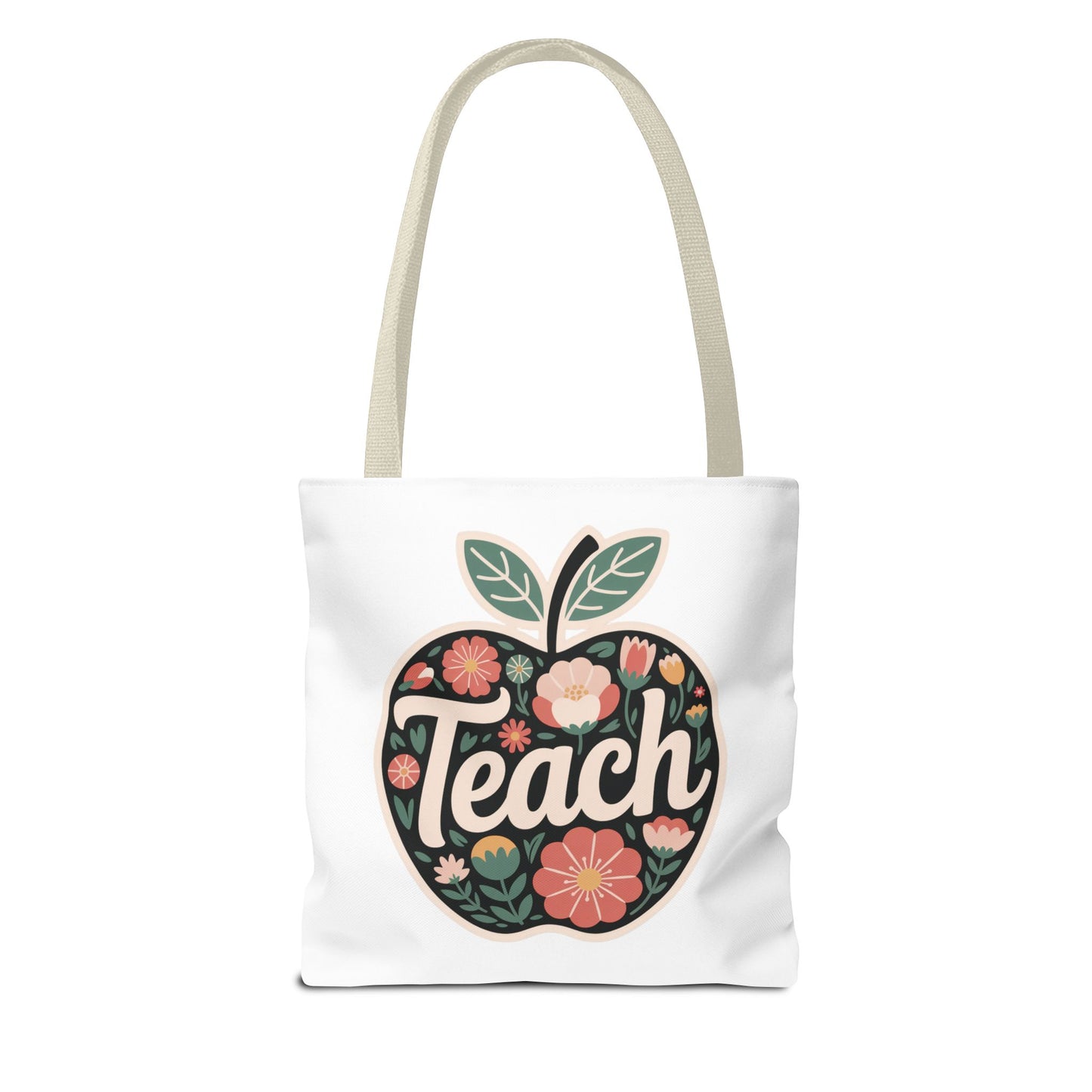 Floral Apple Tote Bag - Hand-Drawn Pastel-Colored Design with 'TEACH'. Apple-shaped tote filled with cheerful floral illustrations, perfect for educators. Durable polyester, reinforced handles, available in multiple sizes, ideal for everyday use.
