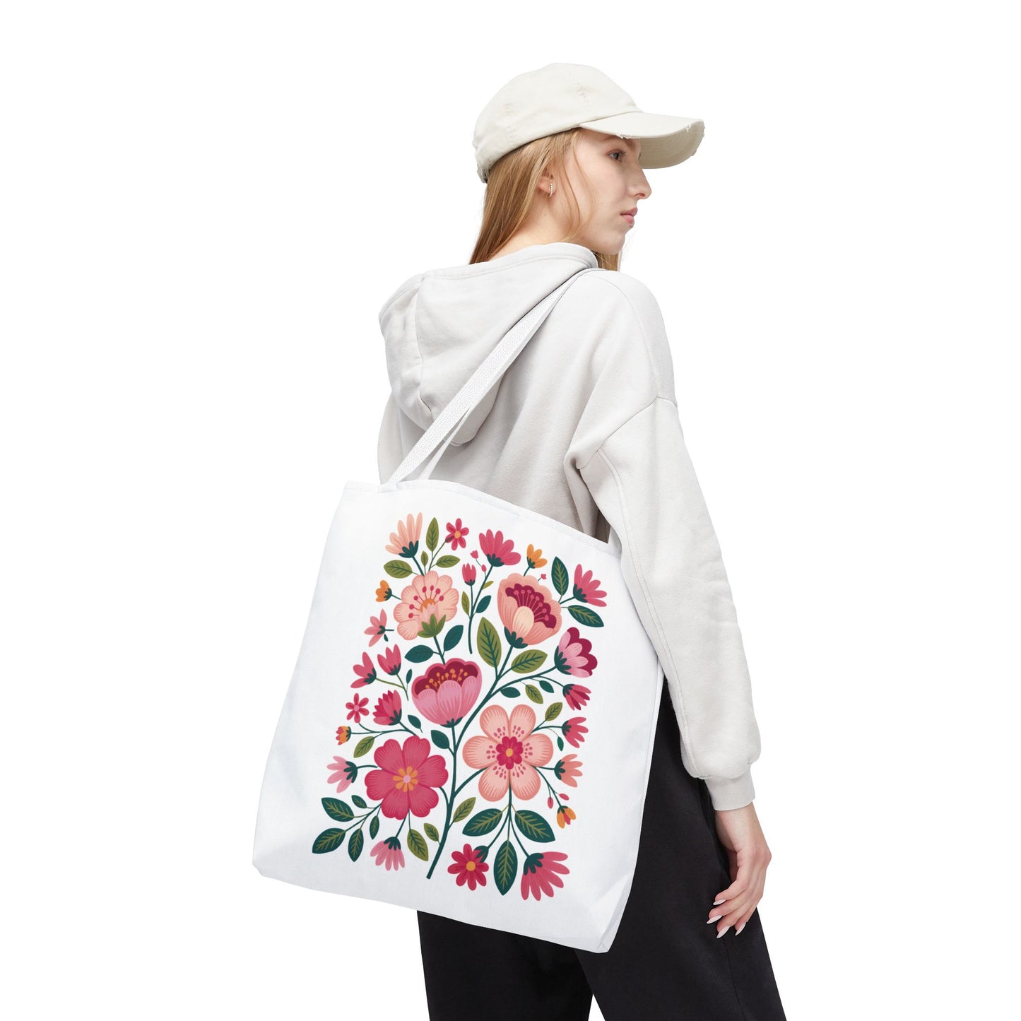 Pink Floral Folk-Art Style Tote Bag featuring vibrant pink and fuchsia floral illustrations with dusty green leaves, perfect for carrying essentials, embodying FireBrook Essentials' joyful and uplifting design ethos.