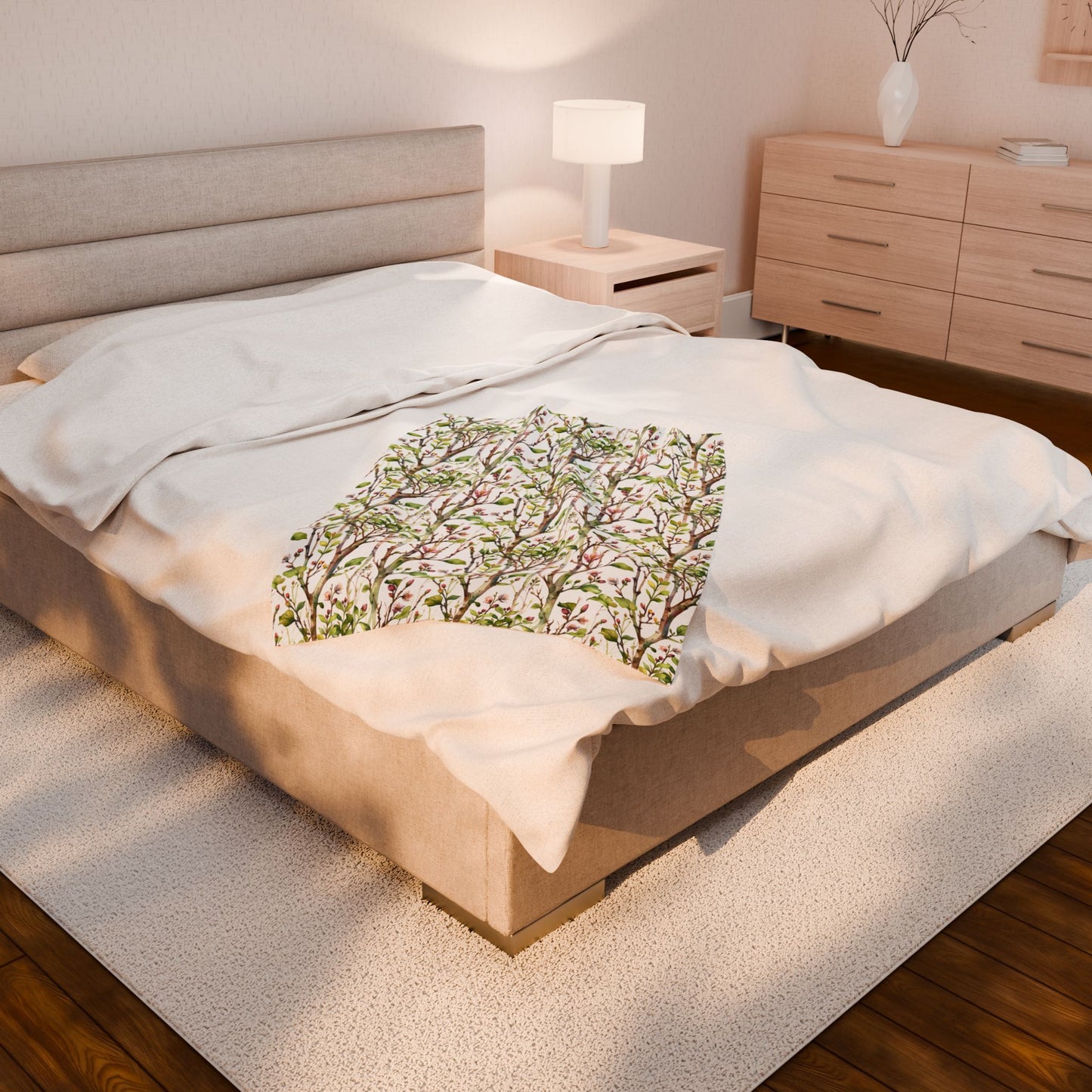 Plush Blanket - Blooming Forest Floor Design: A serene nature-inspired blanket featuring budding trees and blooming flowers, offering a cozy, stylish addition to any bedroom setting. Perfect for nature lovers.