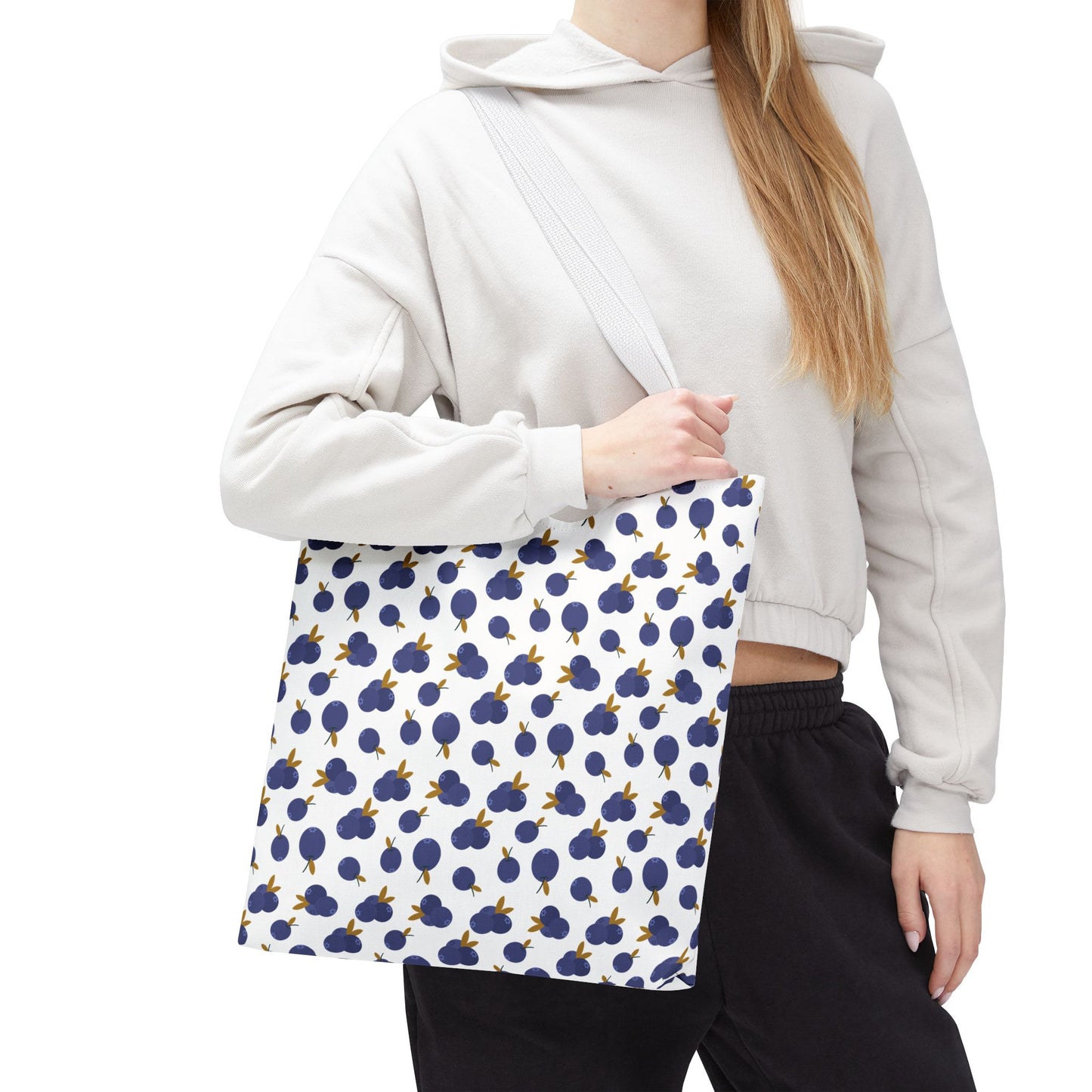 Blueberry Tote Bag with a charming blueberry pattern, durable polyester body, reinforced handles, and boxed corners, perfect for stylish shopping or errands. Available in various sizes with different handle color options.
