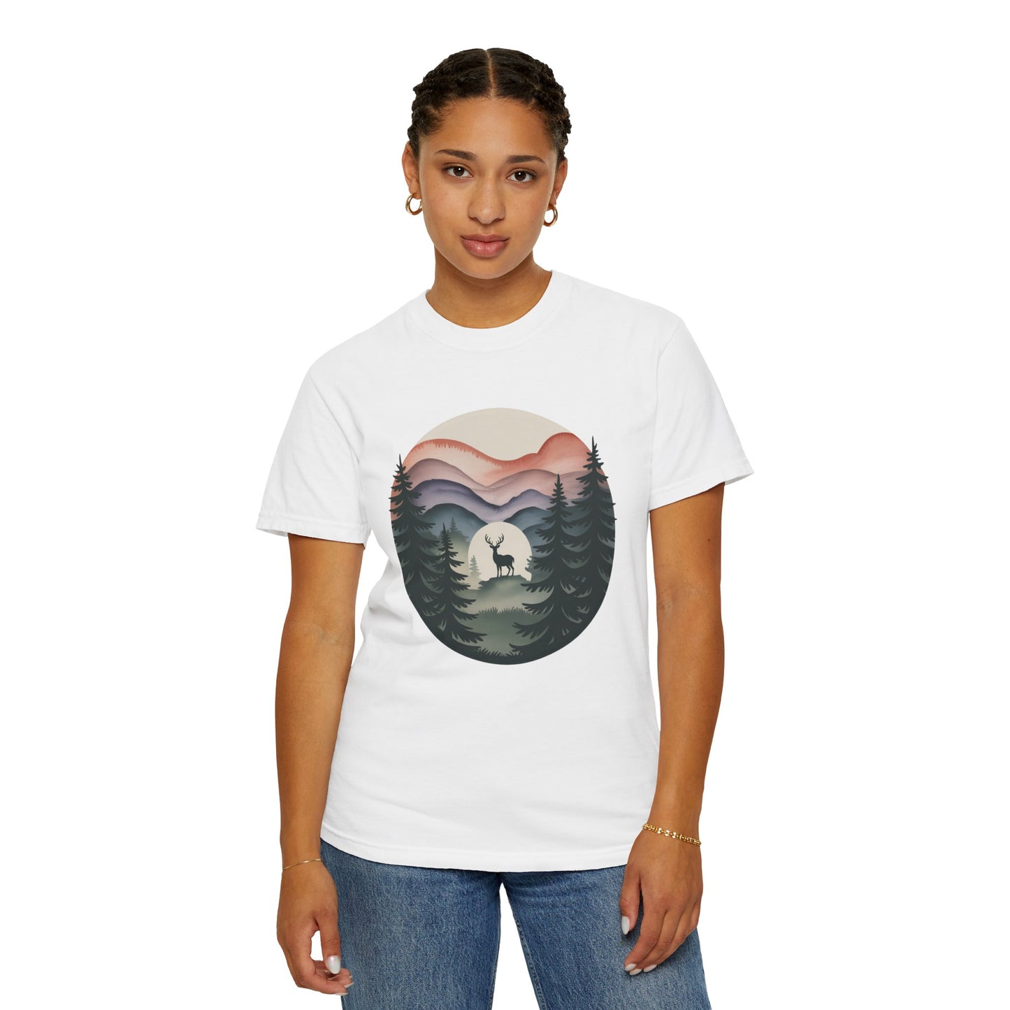 Nature Wanderer T-Shirt features a serene pine forest silhouette with indigo-to-lavender mountains, a celestial moon, and a minimalist stag, embodying wilderness tranquility for nature lovers and outdoor enthusiasts.