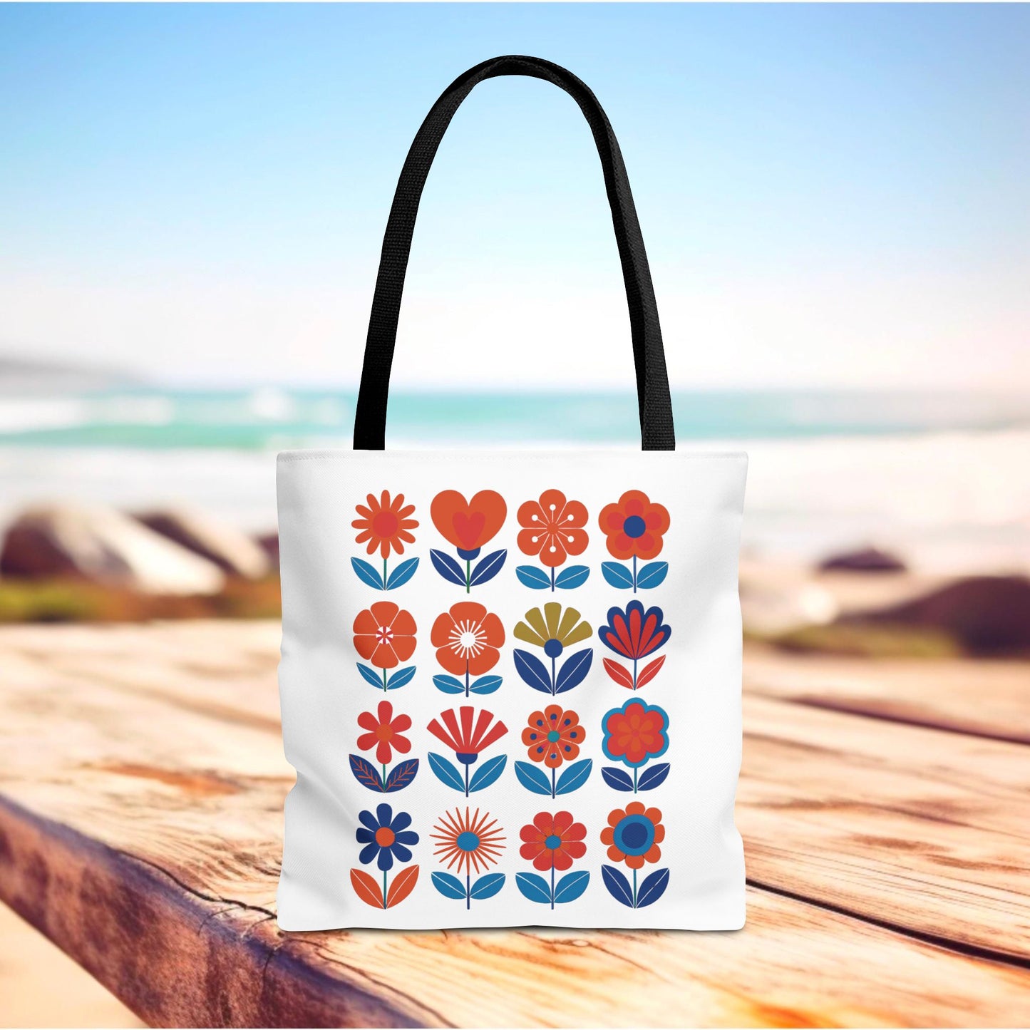 Floral Tote Bag with mid-century modern floral design, featuring reinforced stitching and boxed corners for durability. Available in three sizes, perfect for stylish, everyday use from FireBrook Essentials.