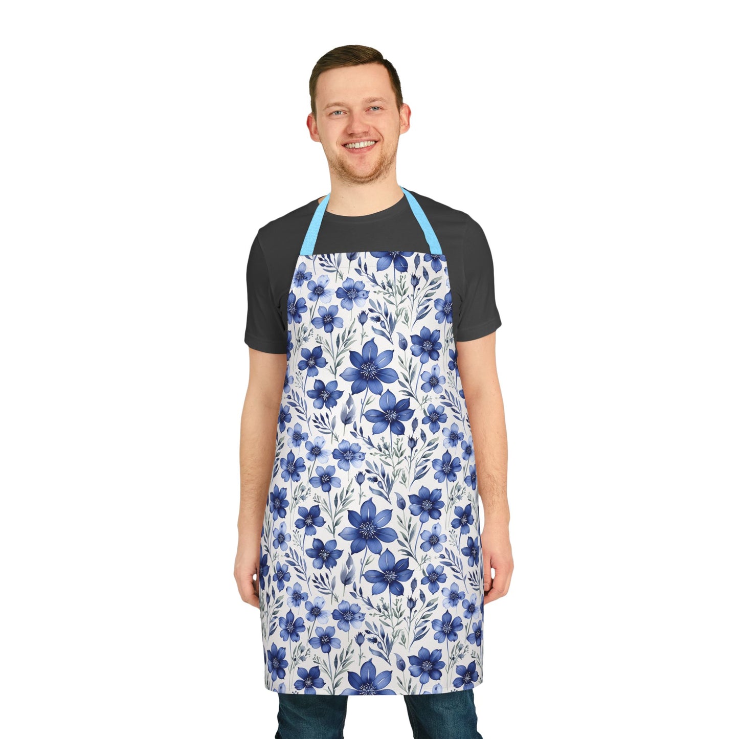 Apron, Blue Wildflower Pattern: A close-up of a hand-painted indigo blue apron showcasing soft watercolor wildflowers, reflecting an artistic vibe. Ideal for creatives, this apron embodies FireBrook Designs' joyful and stylish essence.