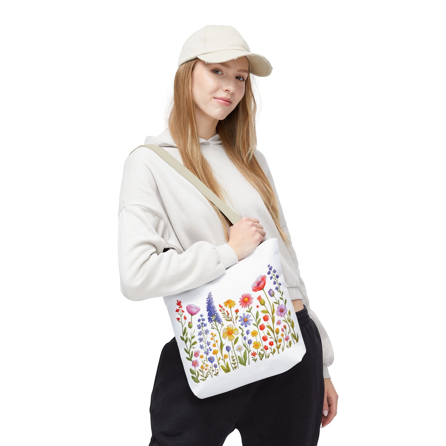 Wildflowers Tote Bag featuring a vibrant design of wildflowers, embodying a natural and free-spirited vibe, perfect for nature lovers. Durable polyester with reinforced handles and spacious boxed corners, ideal for everyday use.