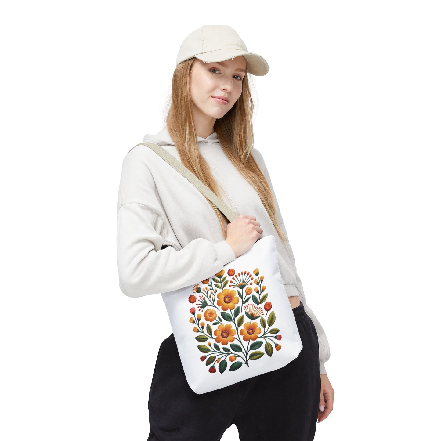 Folk Art Floral Faux Embroidery Style Tote Bag showcasing a vibrant floral design with mustard, goldenrod, and sunflower motifs, ideal for nature lovers and art enthusiasts seeking unique, colorful accessories.