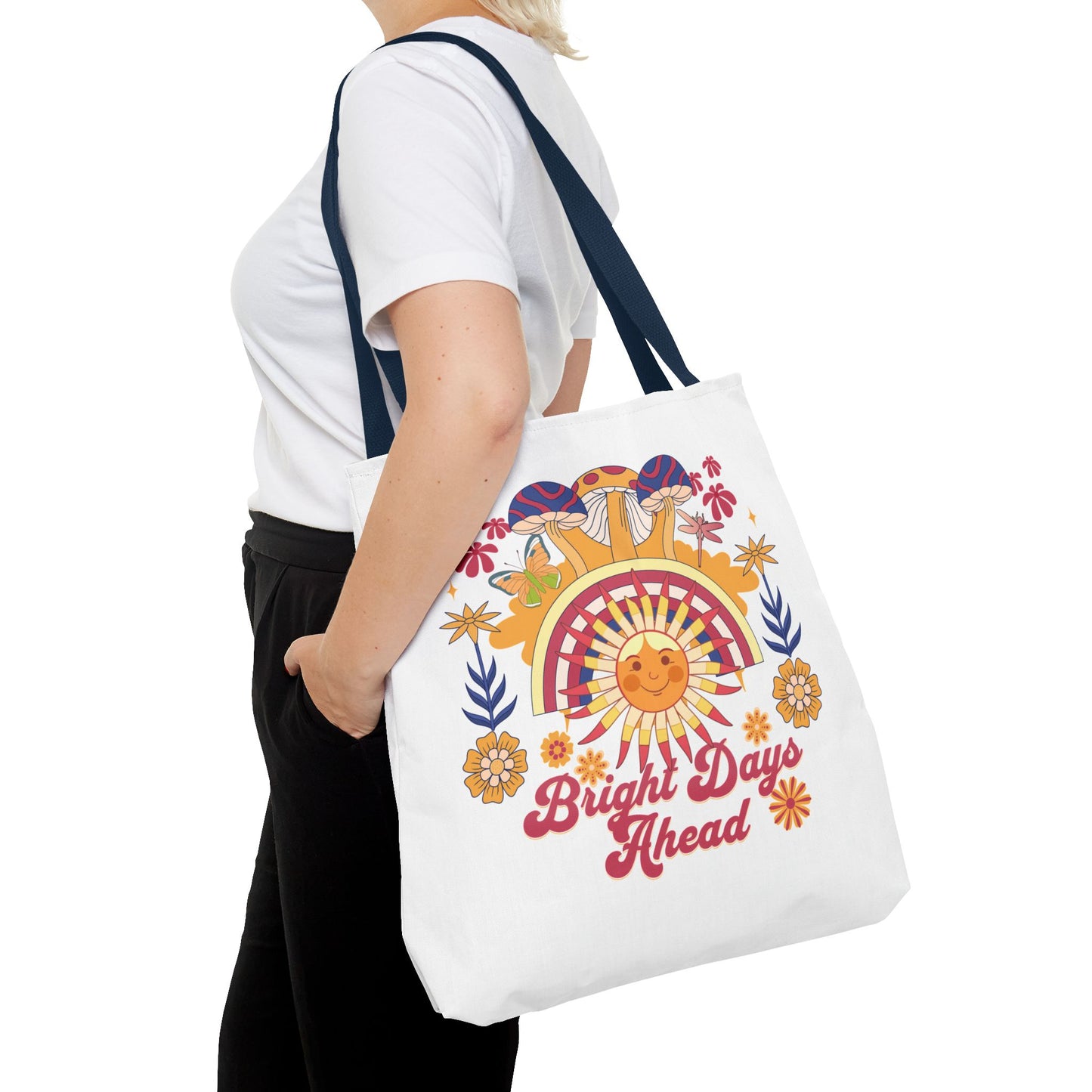 Bright Days Ahead Sunshine Floral Tote Bag features cheerful designs of sunshine, flowers, and butterflies, ideal for outdoor adventures. Made from durable polyester with reinforced handles, perfect for sunny day outings.