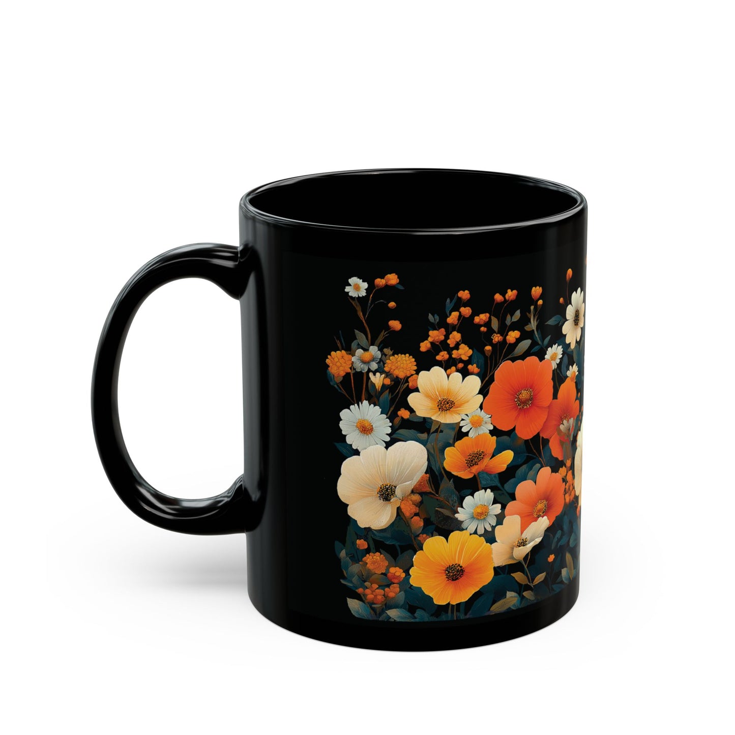 Vibrant Floral Mug (11oz, 15oz) featuring a whimsical zinnia and wildflowers design on a black ceramic surface. Perfect for nature lovers, with a glossy finish and easy-grip handle.