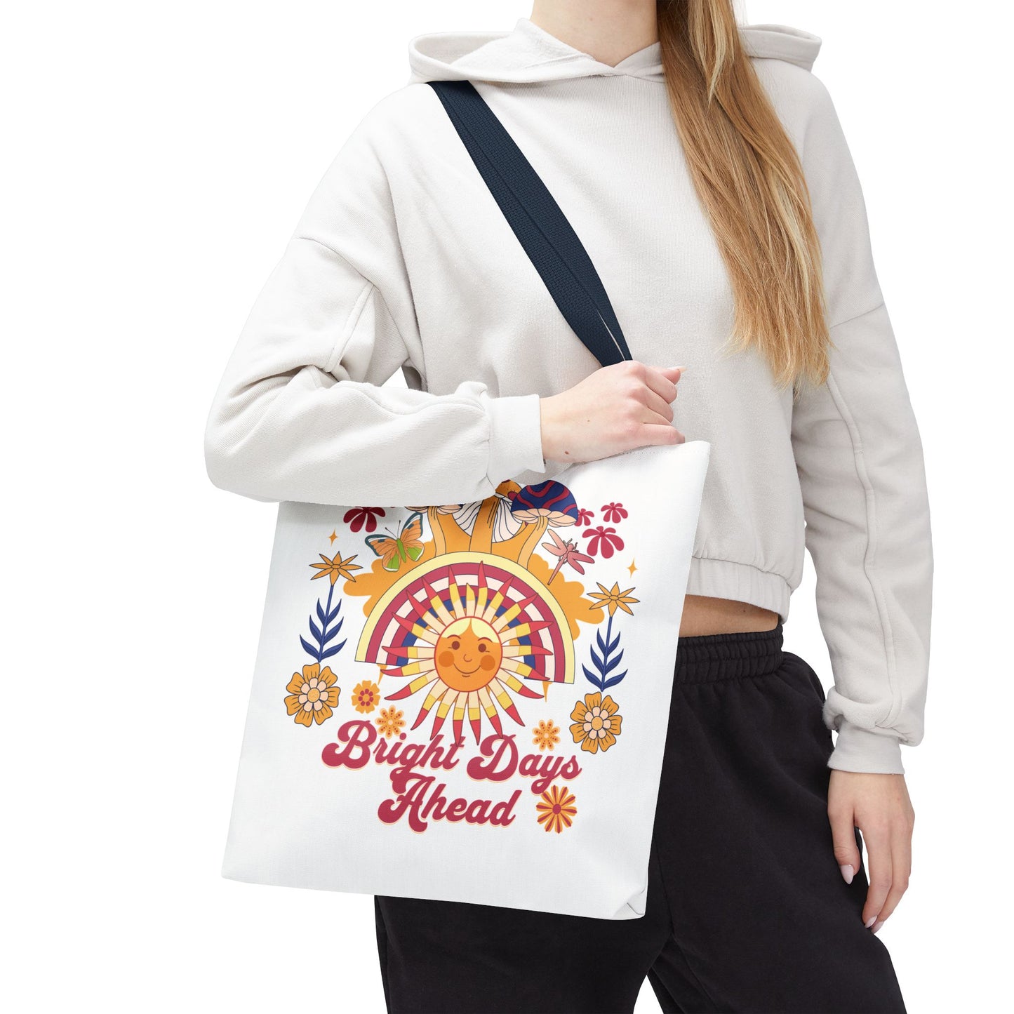 Bright Days Ahead Sunshine Floral Tote Bag featuring vibrant sunshine, flowers, and butterflies; ideal for adding cheer to beach outings, picnics, or market trips, embodying FireBrook Essentials' uplifting spirit.