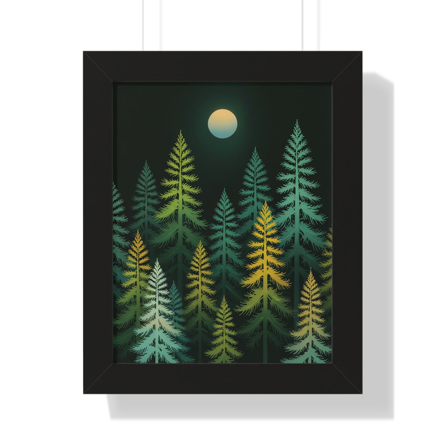 Vertical Forest Poster showcasing minimalist tall pine trees in light green, yellow, and white, framed against a dark backdrop. Ideal for adding a calming, natural touch to any space.