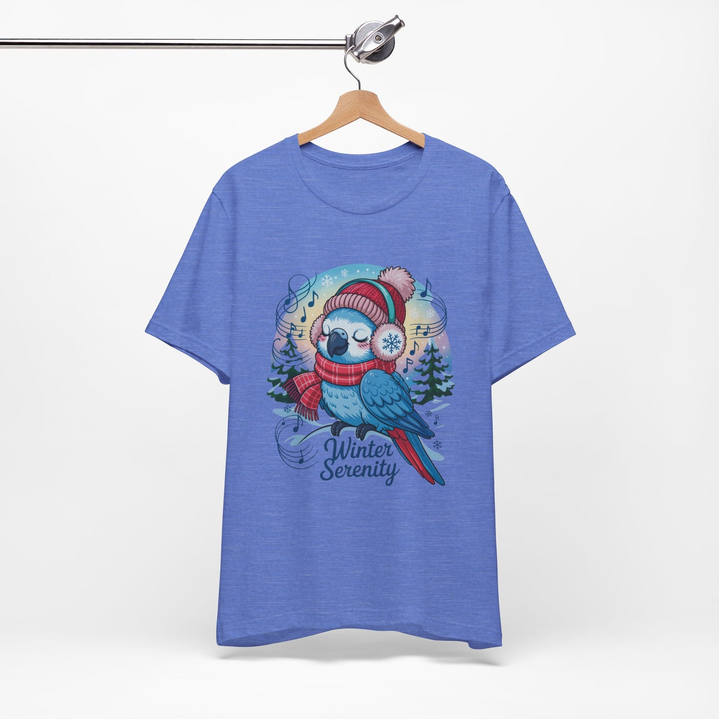 Winter Serenity Cute Baby Parrot Unisex T-Shirt featuring a playful parrot design, perfect for casual holiday wear. Made from 100% Airlume cotton with a retail fit, ideal for bird lovers.