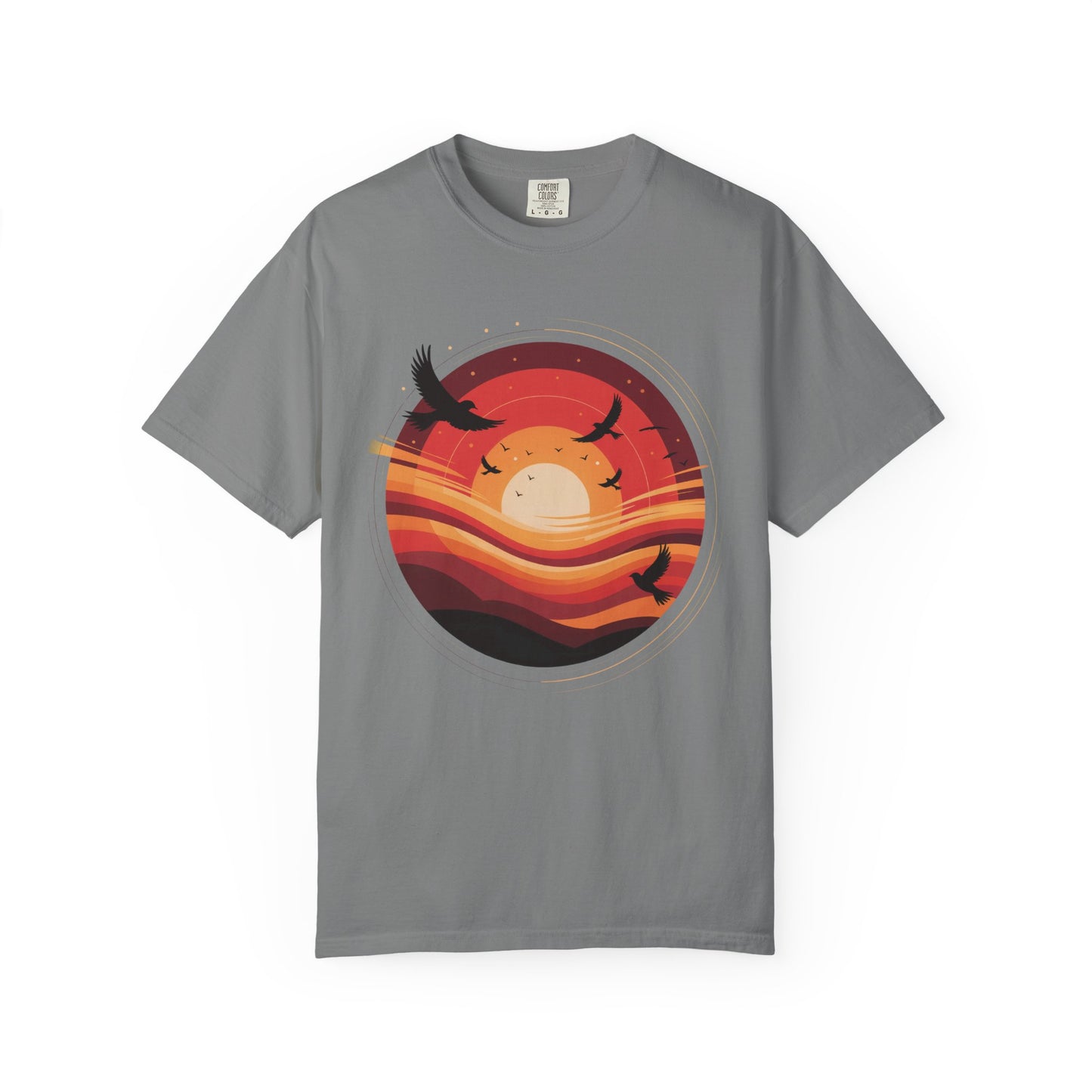 Sunset Energy Abstract T-Shirt features a striking sunset-themed design with concentric rings and silhouetted birds, ideal for adding vibrant energy to casual outfits.