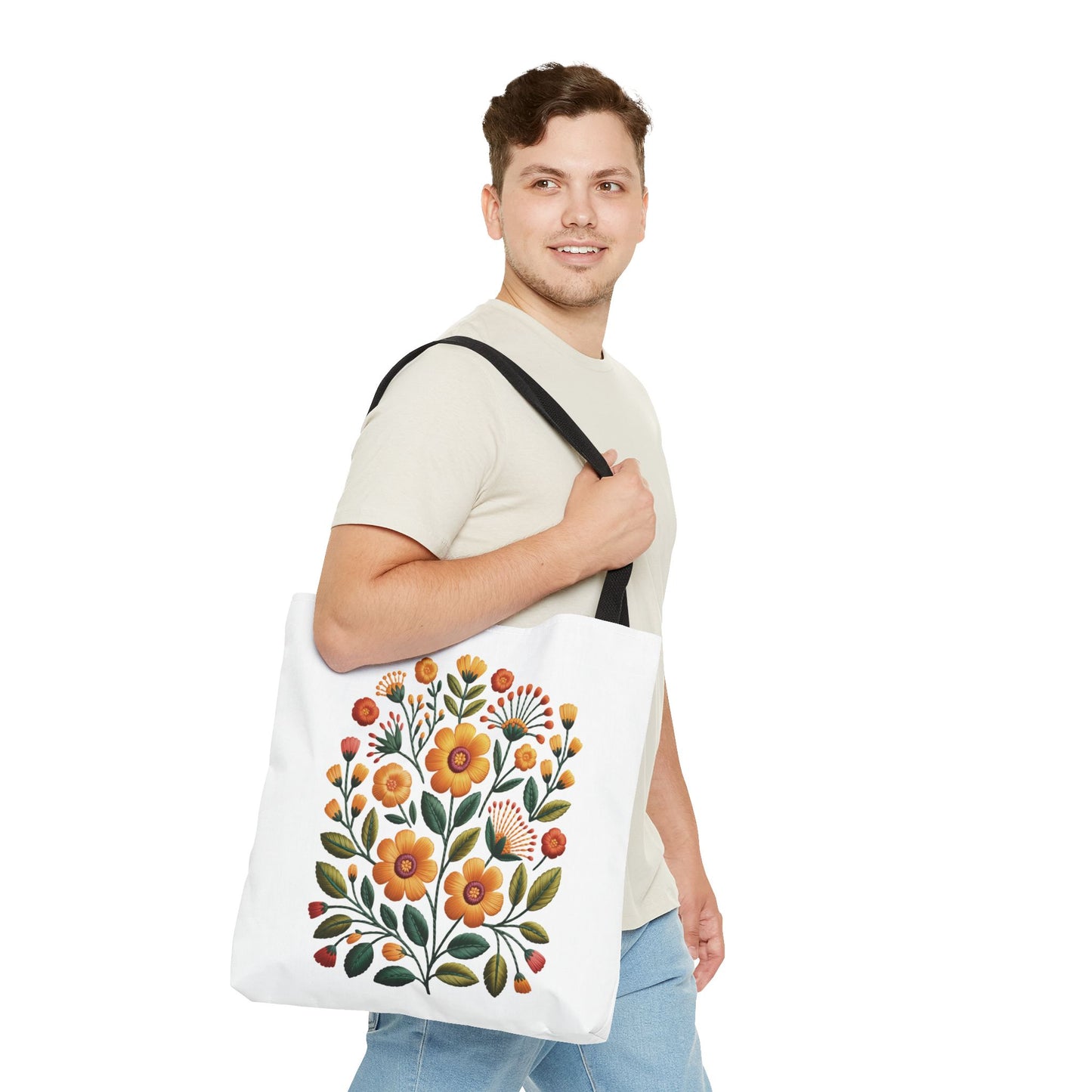 Folk Art Floral Faux Embroidery Style Tote Bag showcasing a vibrant floral design with earthy tones, ideal for everyday use by nature lovers and art enthusiasts, embodying FireBrook Essentials' uplifting and stylish ethos.