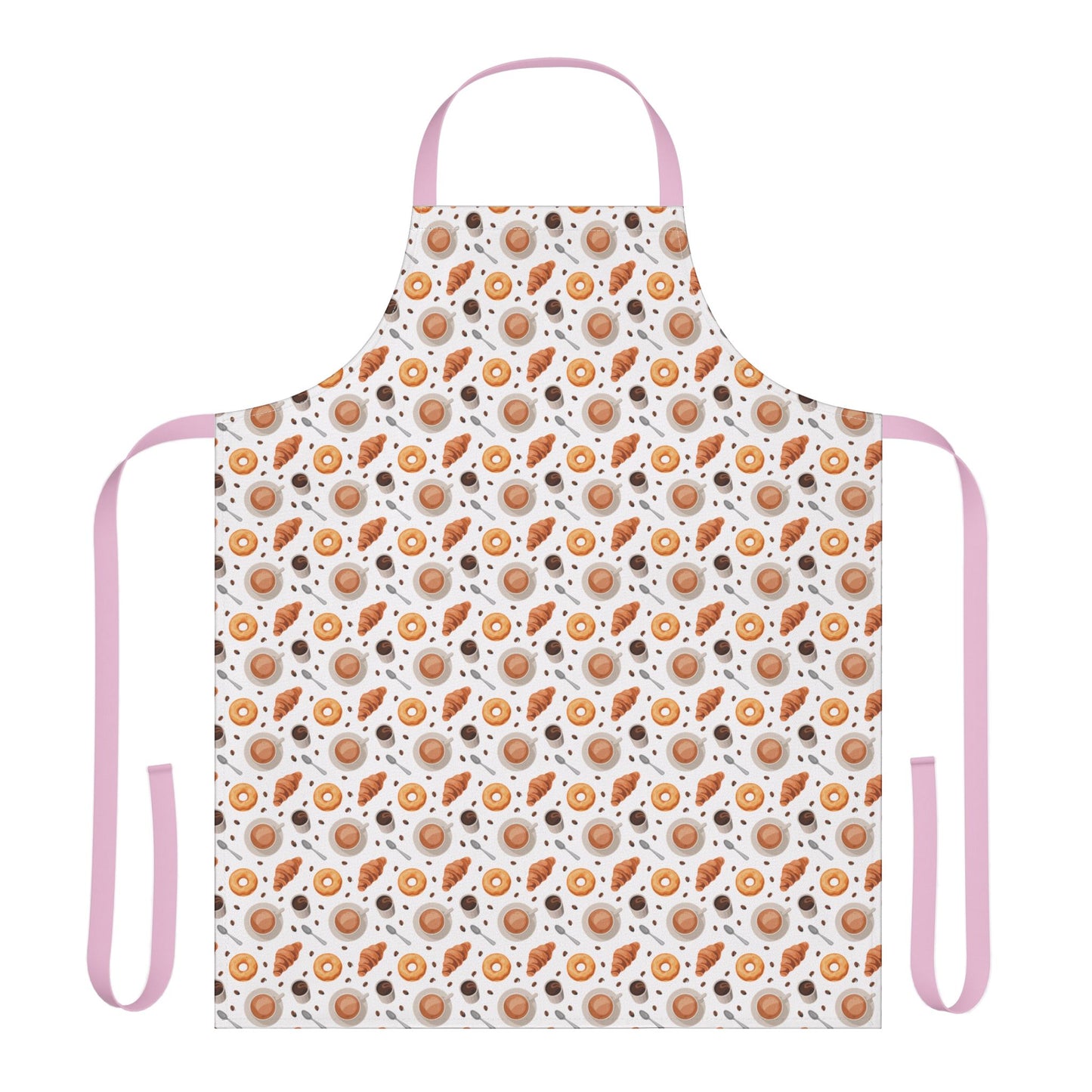 Apron Coffee Cups Donuts Croissants Beans Spoon: Close-up of a white apron with pink straps, featuring playful designs of coffee cups, donuts, croissants, beans, and spoons, crafted for comfort and joyful kitchen moments.