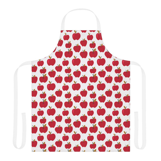 Apples Apron featuring a vibrant red apple pattern on a white background, designed for joyful cooking experiences, aligns with FireBrook Essentials' commitment to stylish and uplifting kitchen apparel.