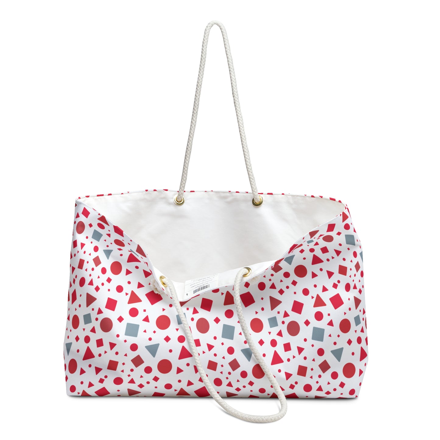 Geometric Pattern Weekender Bag – Red & Light Blue Modern Travel Tote: Spacious tote with bold geometric shapes, featuring rope handles, perfect for stylish travel or daily use, aligning with FireBrook Designs' uplifting style.