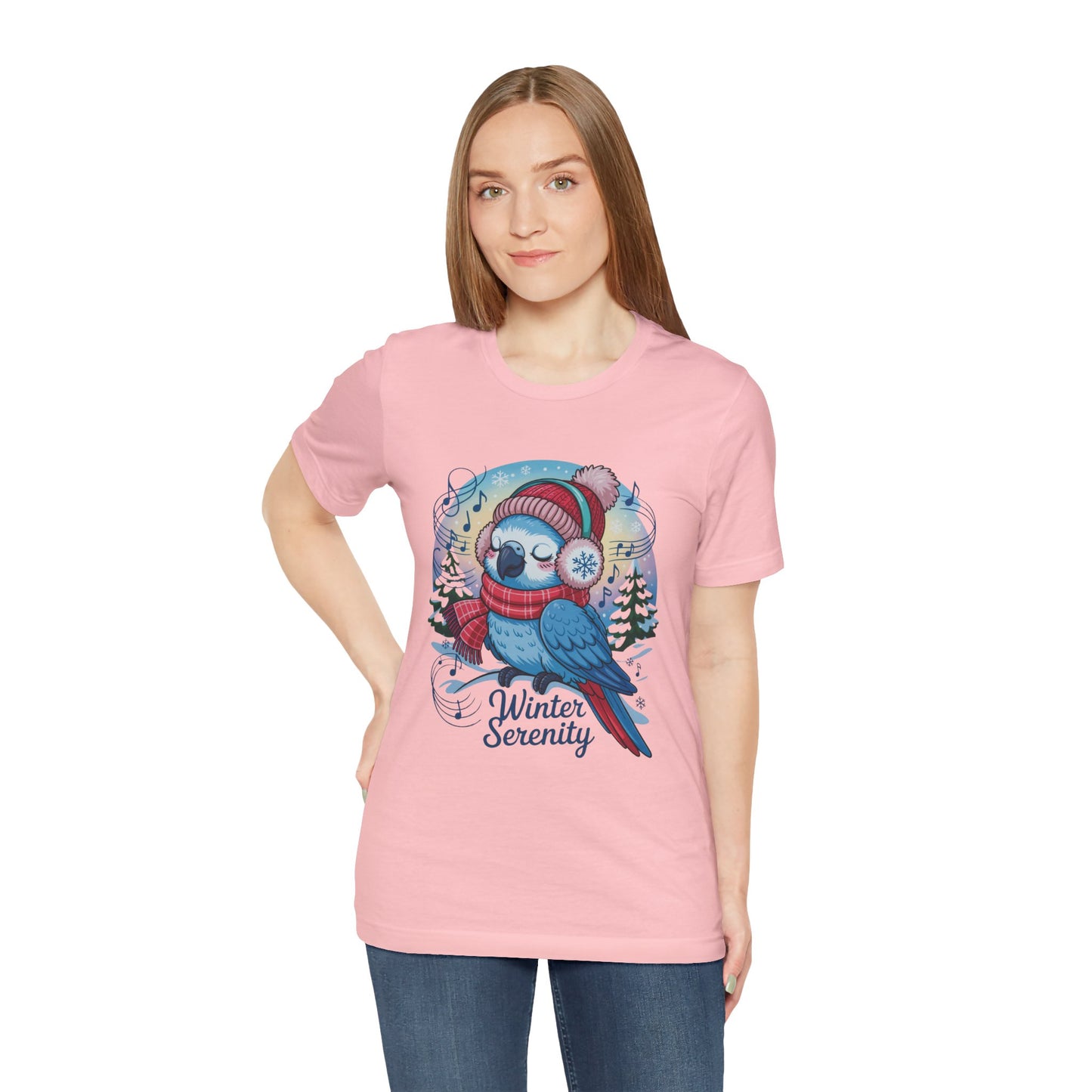 Winter Serenity Cute Baby Parrot Unisex T-Shirt showcasing a whimsical parrot design. Crafted from 100% Airlume cotton, this shirt blends comfort with playful style, ideal for casual holiday wear.