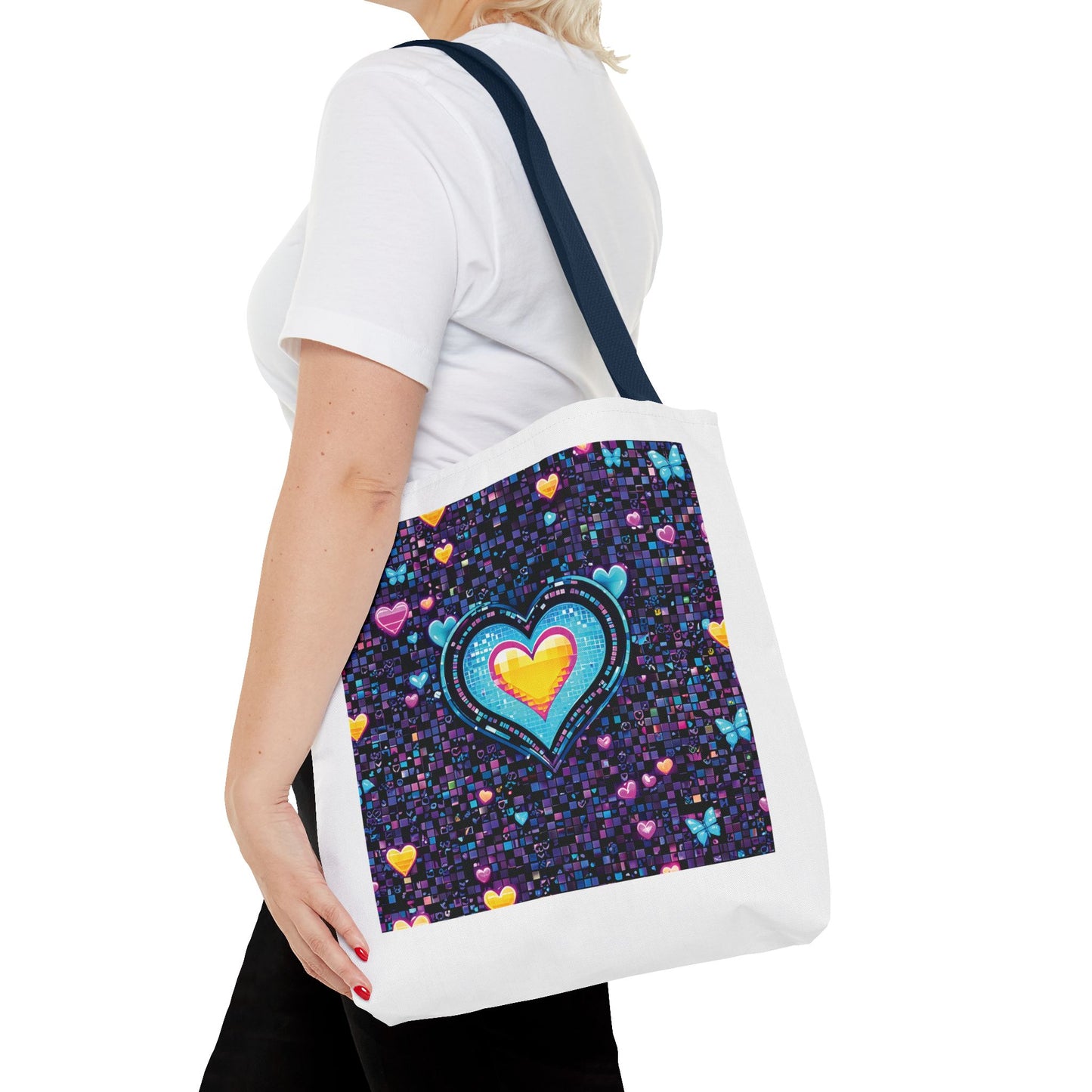 Heart Pixelated Nostalgic Cyber-Aesthetic Tote Bag carried by a woman, showcasing its stylish design with pixelated hearts and butterflies, perfect for everyday use.
