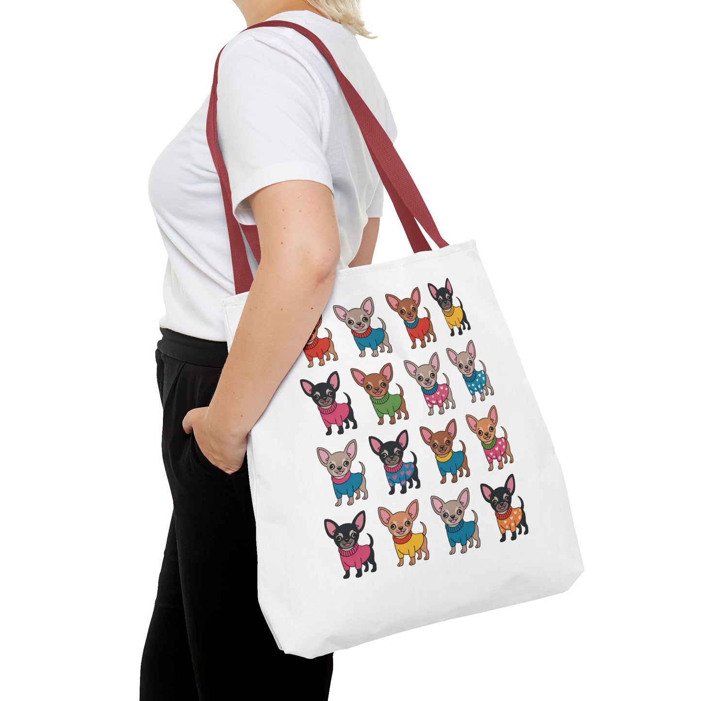 Chihuahua with Wardrobe Portraits Tote Bag featuring whimsical chihuahua illustrations in various outfits. Perfect for dog lovers, this durable and stylish bag adds a playful touch to daily errands or shopping.