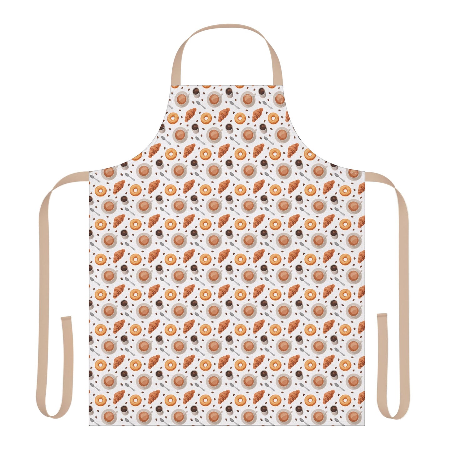 Apron Coffee Cups Donuts Croissants Beans Spoon: A charming polyester canvas apron with coffee-themed designs, featuring tie-back closure for comfort. Perfect for baking, cooking, or hosting brunches.