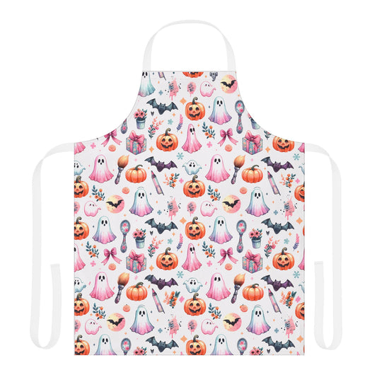 Halloween Apron with a playful pattern featuring cartoon pumpkins and ghosts, designed for festive cooking. Made from stain-free polyester canvas, it's perfect for adding a spooky touch to your kitchen activities.