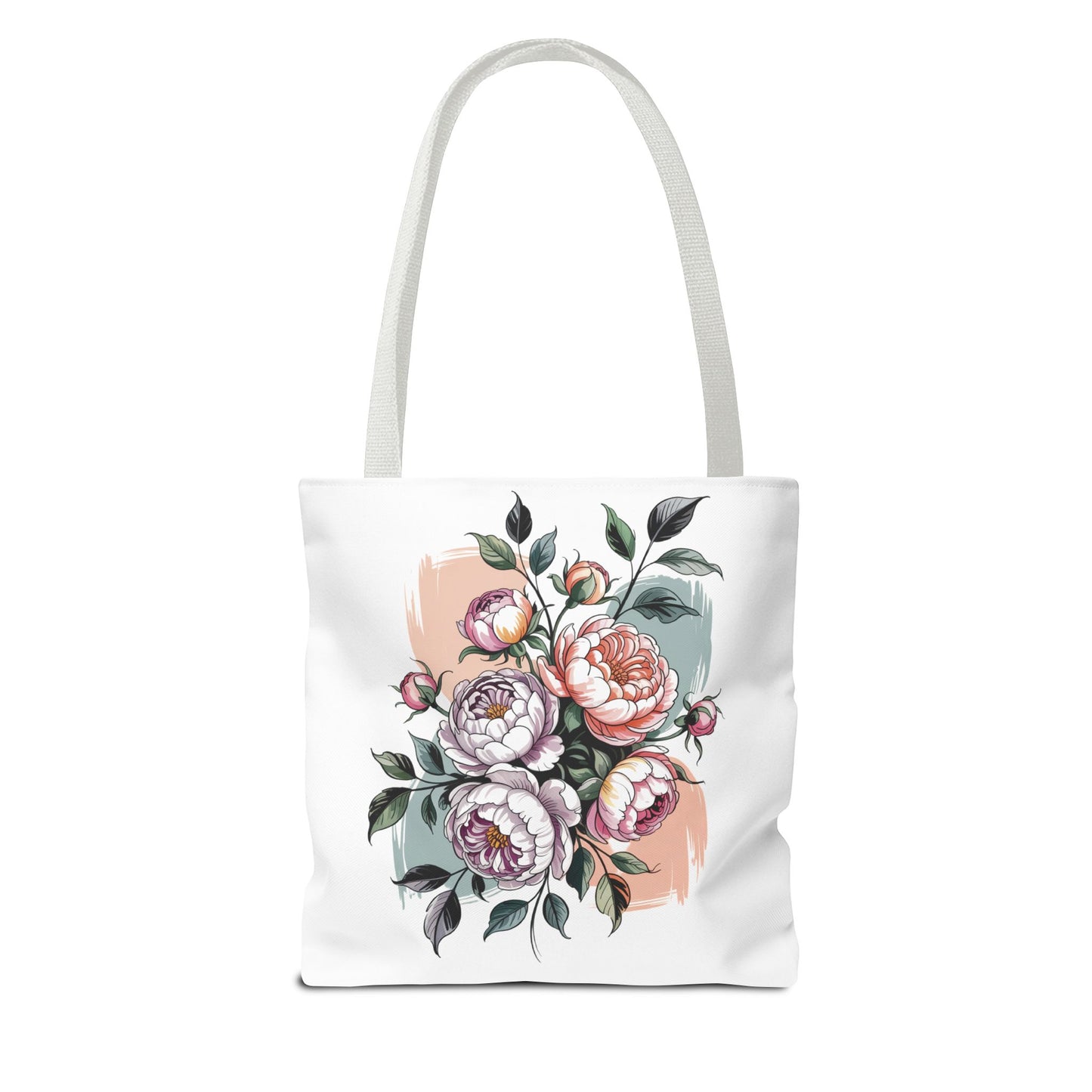 Vintage Peony Tote Bag featuring a classic floral design, perfect for nature enthusiasts. Ideal for carrying essentials with reinforced handles and boxed corners for durability. Available in multiple sizes from FireBrook Designs.