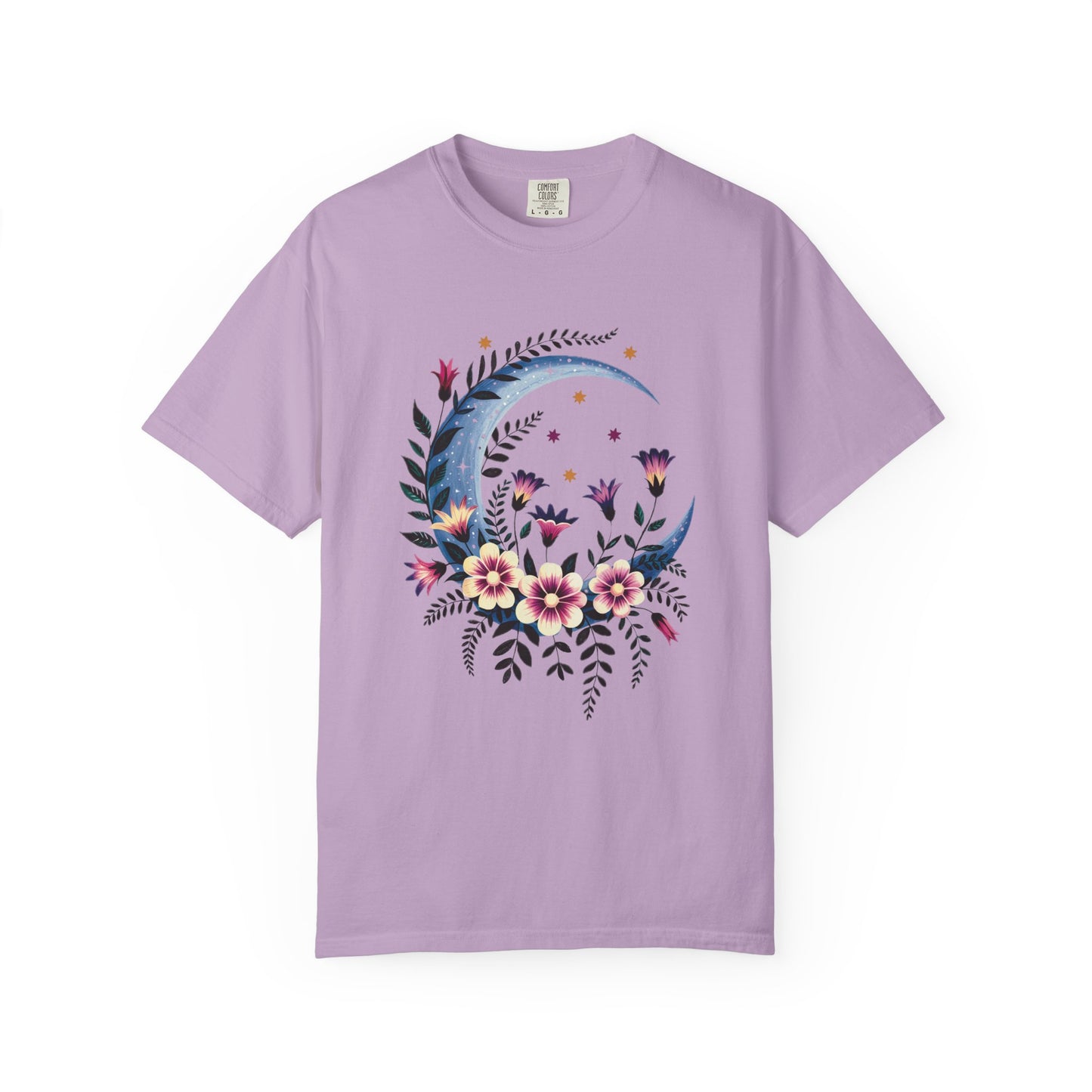 Crescent Moon Floral T-Shirt featuring a bohemian design, perfect for nature lovers, with durable double-needle stitching and relaxed fit, embodies FireBrook Essentials' stylish and joyful apparel ethos.