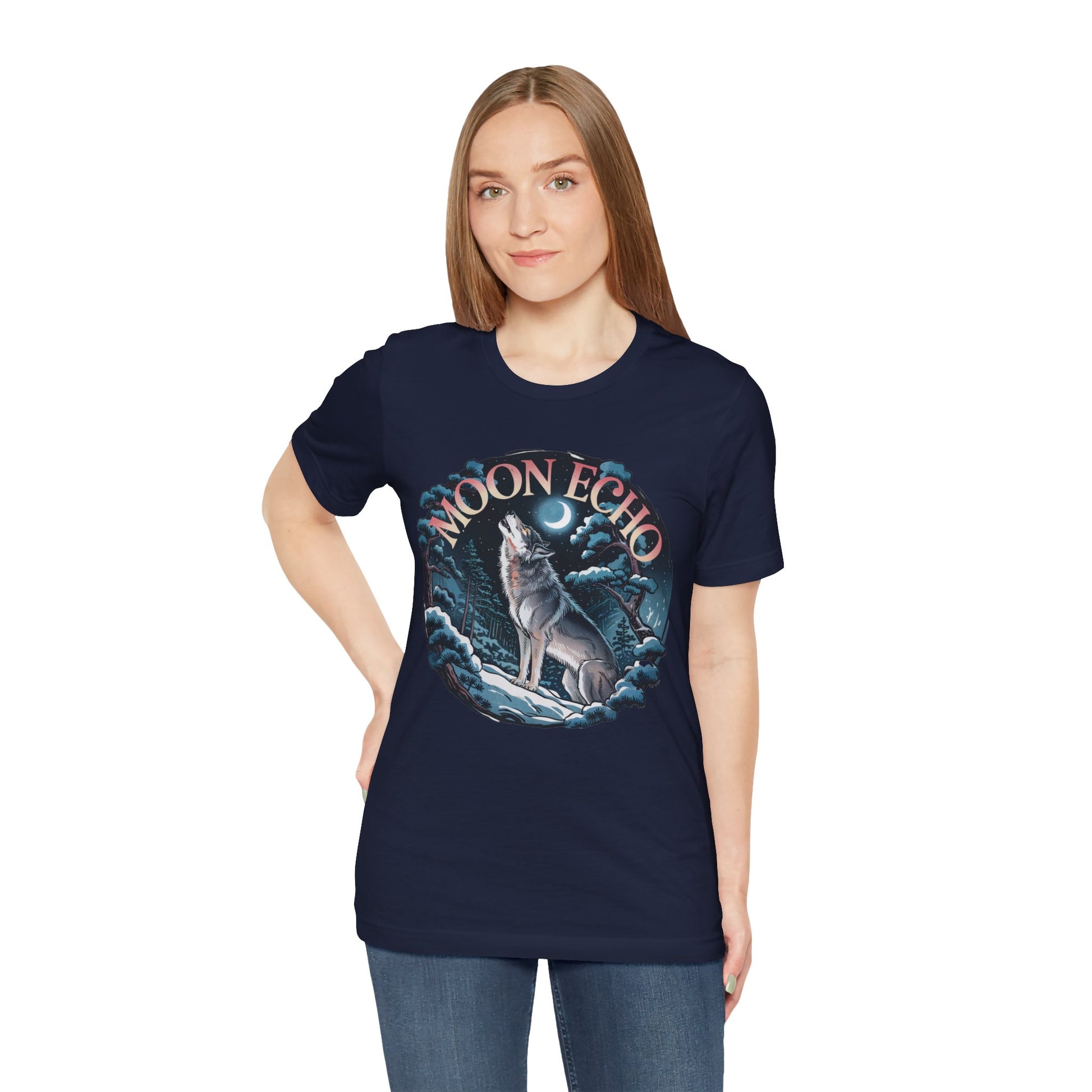 Moon Echo Wolf Howling Beneath the Moon Bella+Canvas Unisex T-Shirt, featuring a mystical wolf design, worn by a woman in casual attire.