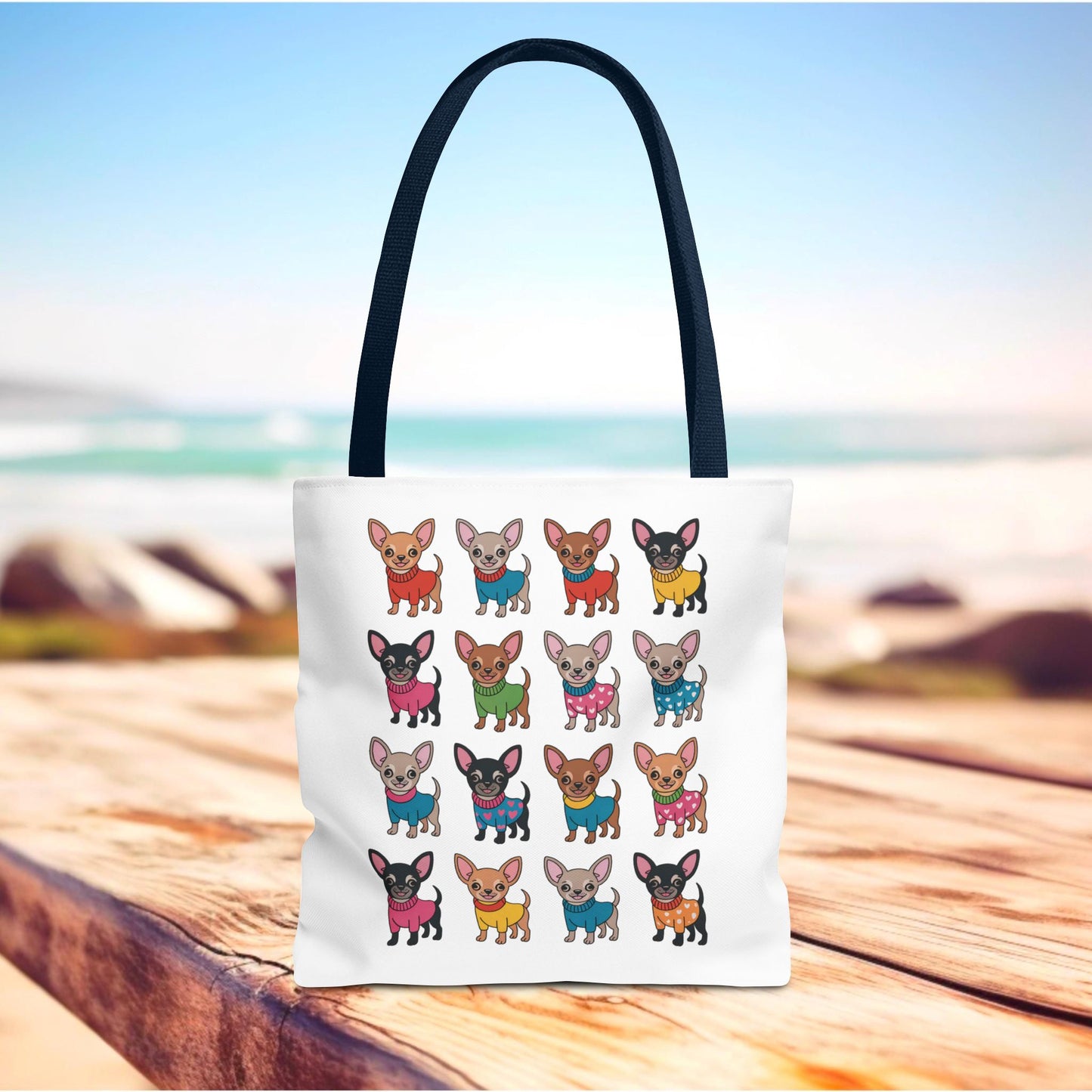 Chihuahua with Wardrobe Portraits Tote Bag showcases cute chihuahua portraits in quirky outfits, embodying FireBrook Essentials' cheerful and unique style. Perfect for dog lovers, this durable bag adds fun to shopping trips.