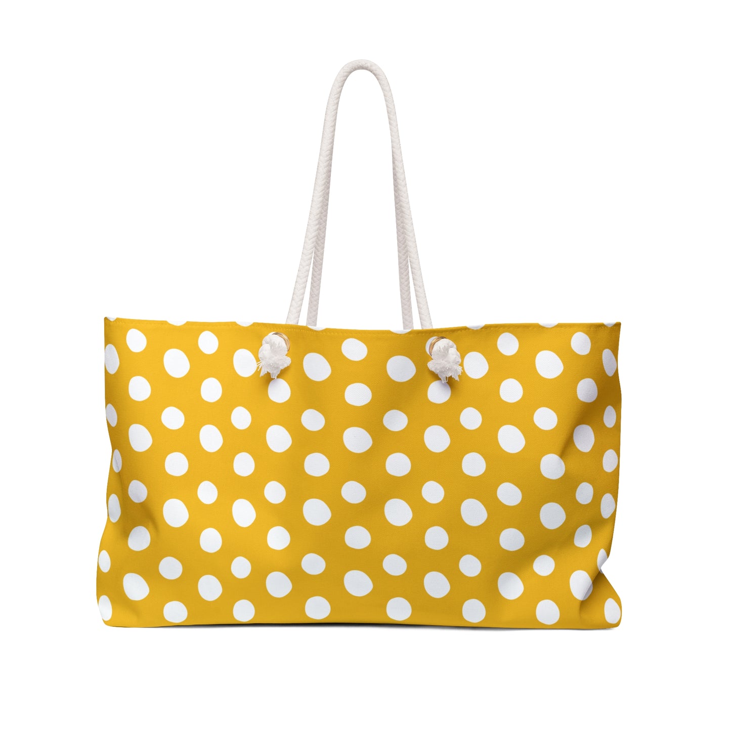 Polka Dot Weekender Bag with yellow and white design, featuring cream rope handles and gold grommets, offers a spacious interior for stylish, organized travel, embodying FireBrook Essentials' blend of comfort and joy.