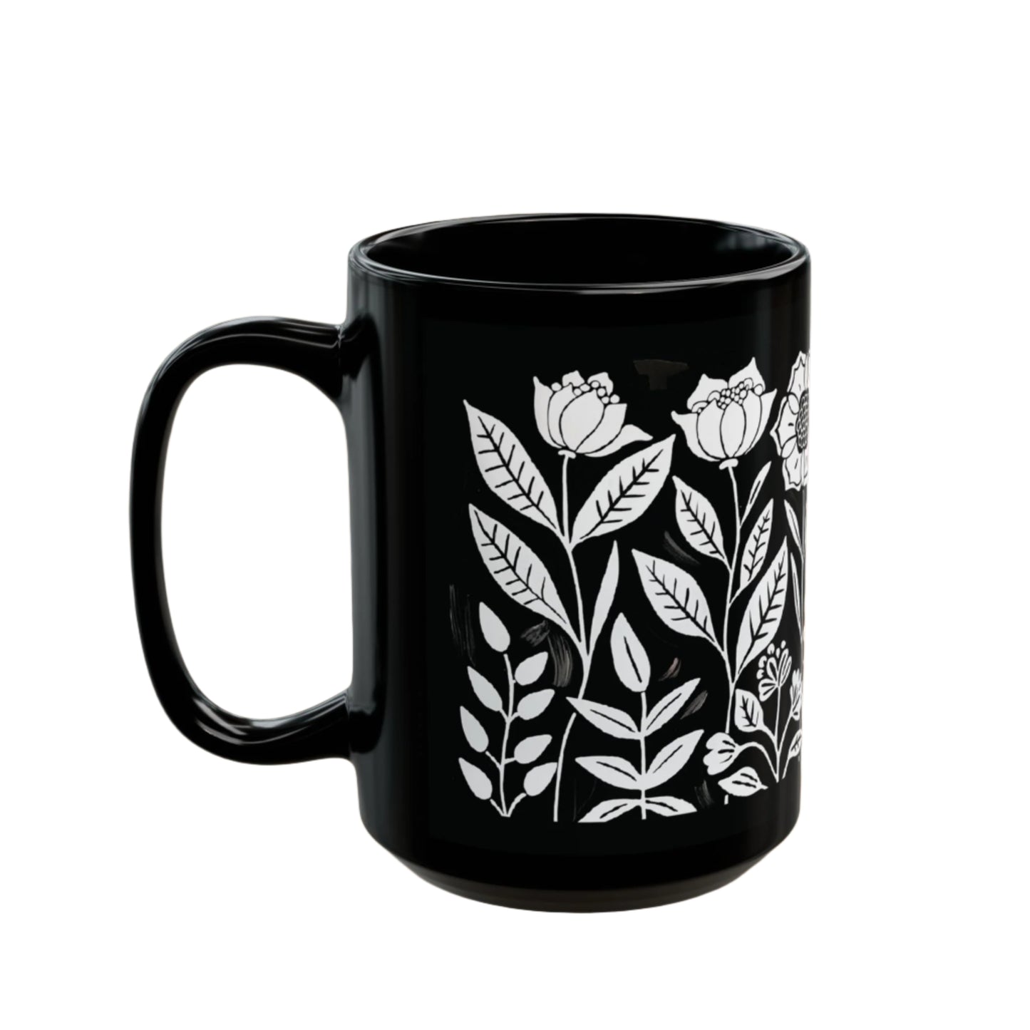 Vintage Flower Mug (11oz, 15oz) with a sleek black ceramic body adorned with delicate white floral patterns, exemplifying minimalist elegance. Ideal for cozy beverages, reflecting FireBrook Essentials' uplifting design ethos.