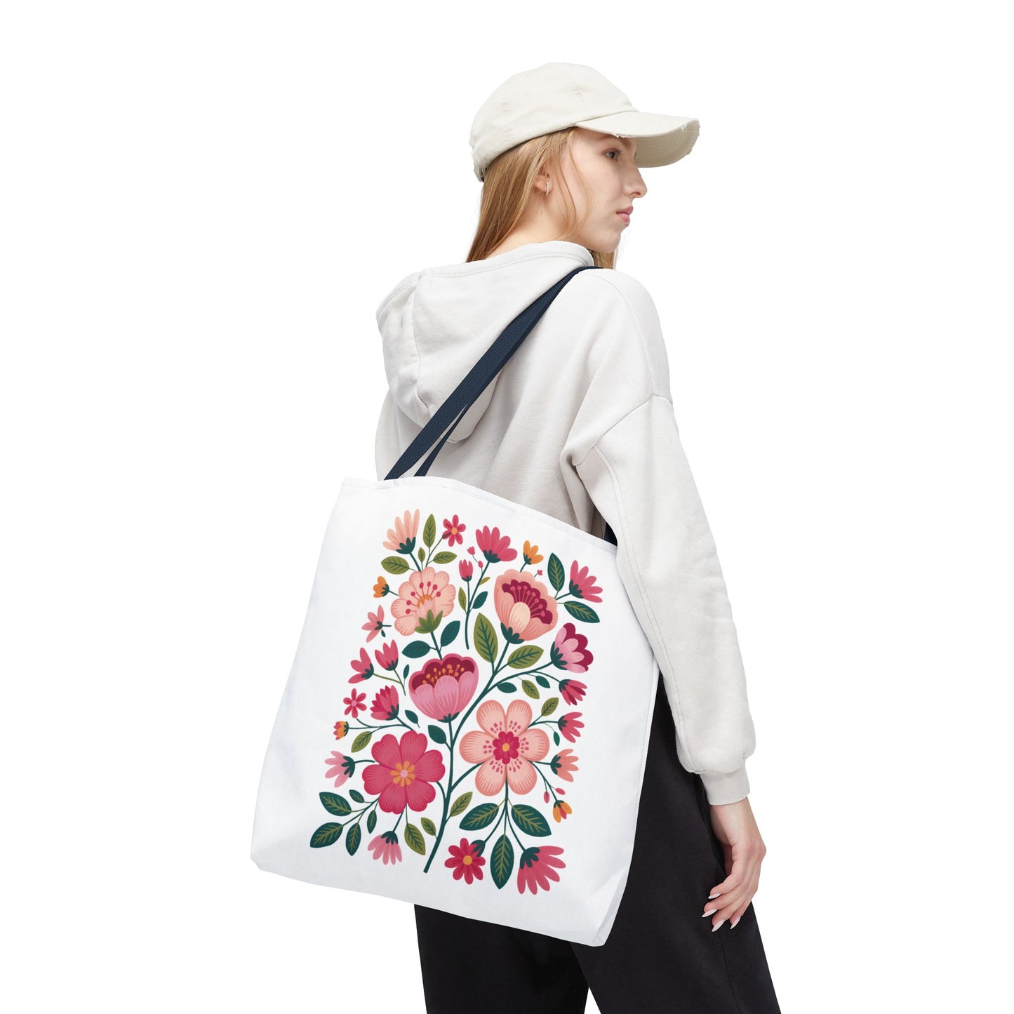 Pink Floral Folk-Art Style Tote Bag with bold pink flowers and dusty green leaves, perfect for carrying essentials with a vibrant, artistic touch, reflecting FireBrook Essentials' uplifting design ethos.