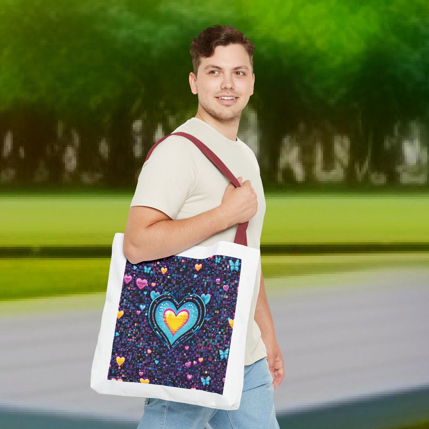 Heart Pixelated Nostalgic Cyber-Aesthetic Tote Bag held by a smiling man, showcasing pixelated hearts design, perfect for trendy, everyday use.