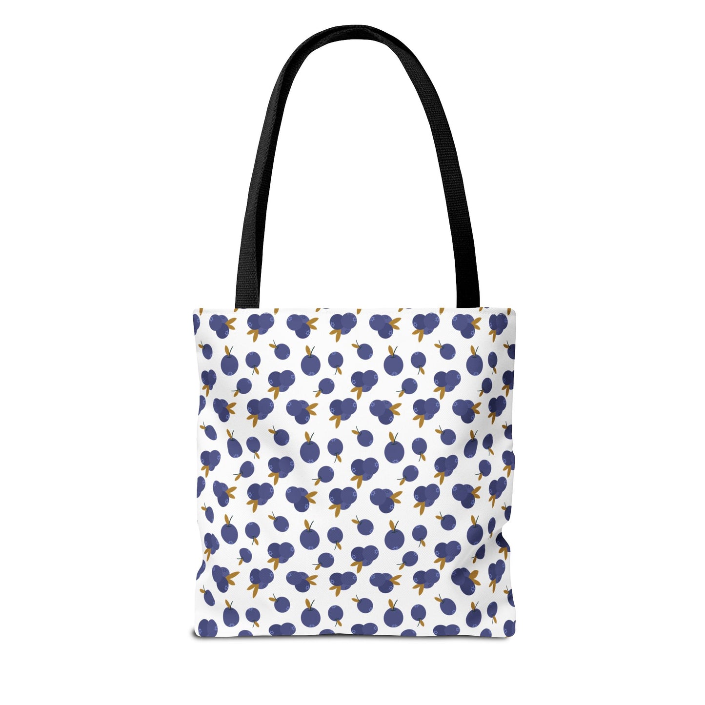 Blueberry Tote Bag showcasing a delightful blueberry pattern, crafted from durable polyester with reinforced handles and boxed corners, ideal for everyday use.