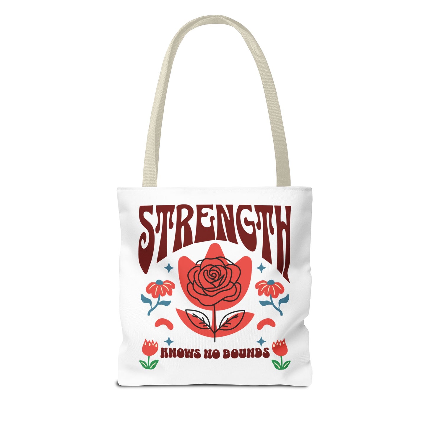 Strength Knows No Bounds Tote Bag with durable polyester, red floral design, and spacious build. Ideal for everyday use and motivational gifting.