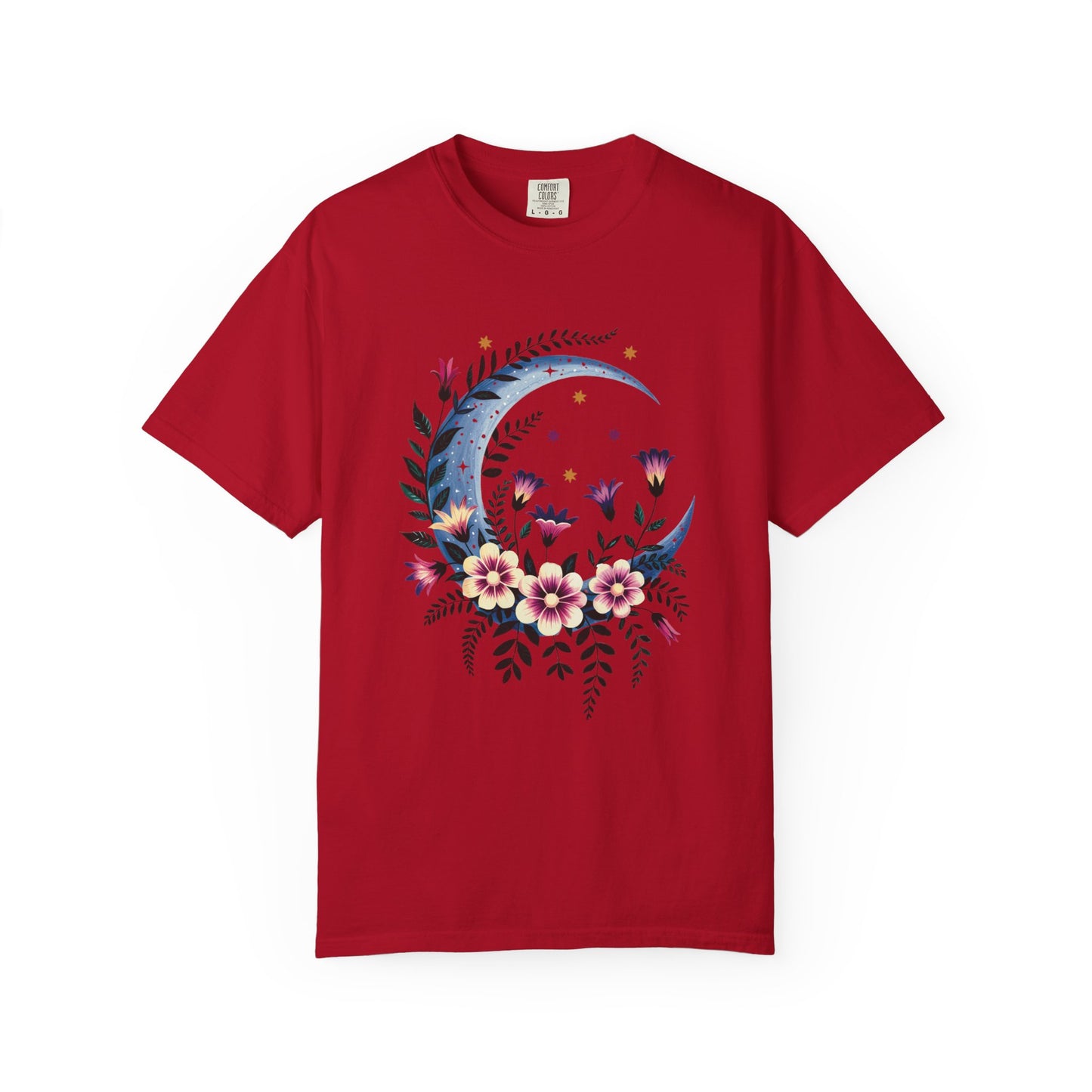 Crescent Moon Floral T-Shirt, featuring a bohemian design, relaxed fit, and crew neckline, embodies FireBrook Essentials' joyful, stylish aesthetic, ideal for casual gatherings or special occasions.