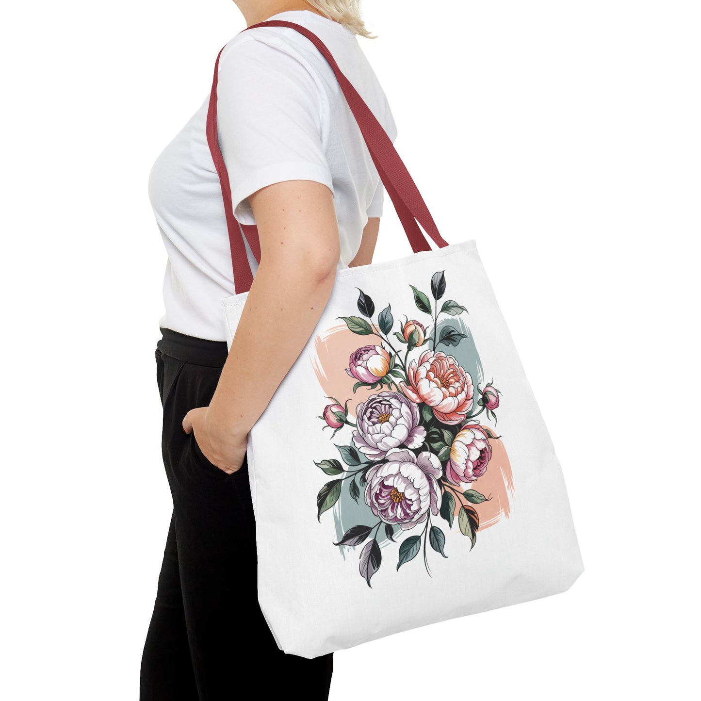 Vintage Peony Tote Bag featuring a vintage-style peony design, perfect for nature lovers. Ideal for carrying essentials, with durable polyester construction and reinforced handles. Available in various sizes for versatile use.