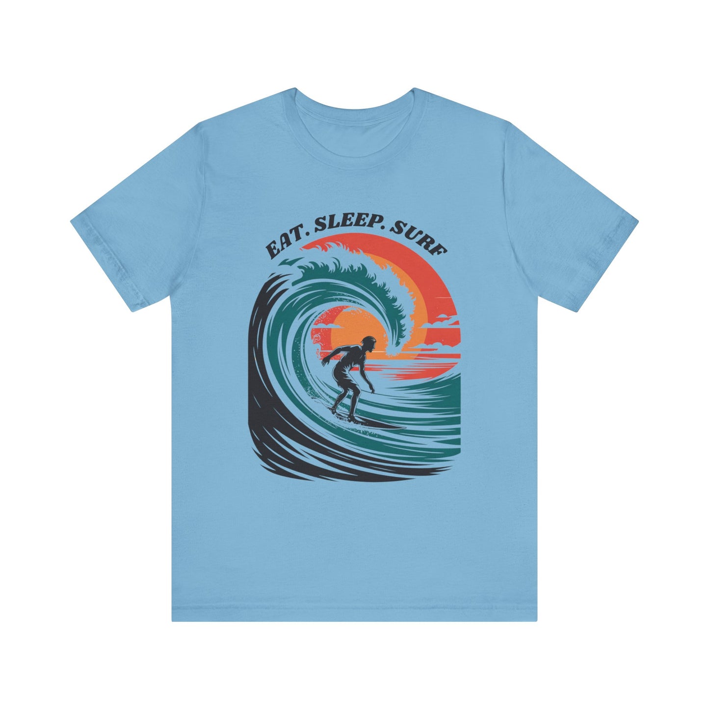 Surf Tee - Eat Sleep Surf Design featuring a graphic of a man surfing a wave, capturing a relaxed, beachy vibe. Ideal for surf enthusiasts seeking stylish comfort from FireBrook Essentials.