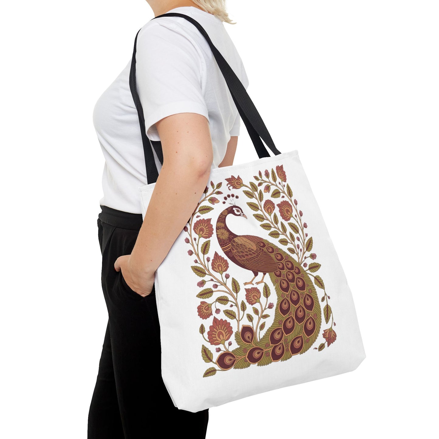 Peacock Tote Bag with Floral Vines and Paisley Motifs showcases a central peacock amid detailed floral and paisley patterns. Ideal for everyday elegance, reflecting FireBrook Designs' commitment to stylish, joyful living.