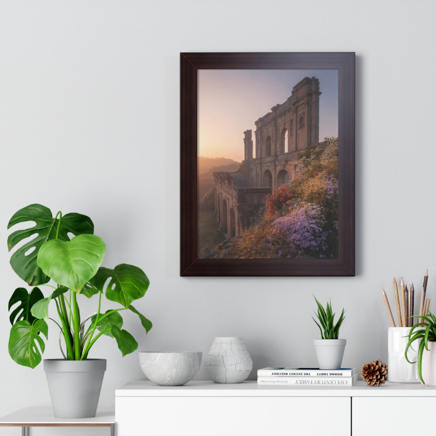 Vertical Poster - Ancient Palace Ruins with Wildflowers: A framed art piece showcasing vibrant wildflowers adorning ancient ruins, offering a mysterious, picturesque vibe. Ideal for home decor and gifting, enhancing joy and style.