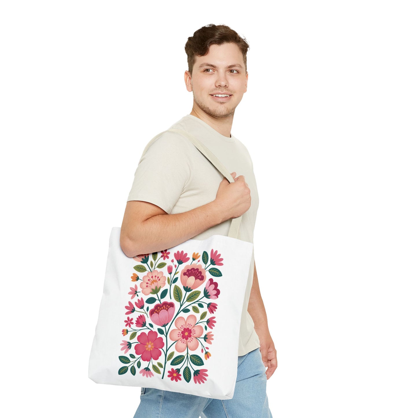 Pink Floral Folk-Art Style Tote Bag featuring vibrant pink flowers and green leaves in a freeform design. Perfect for carrying essentials with reinforced handles and boxed corners, embodying FireBrook Essentials' uplifting style.