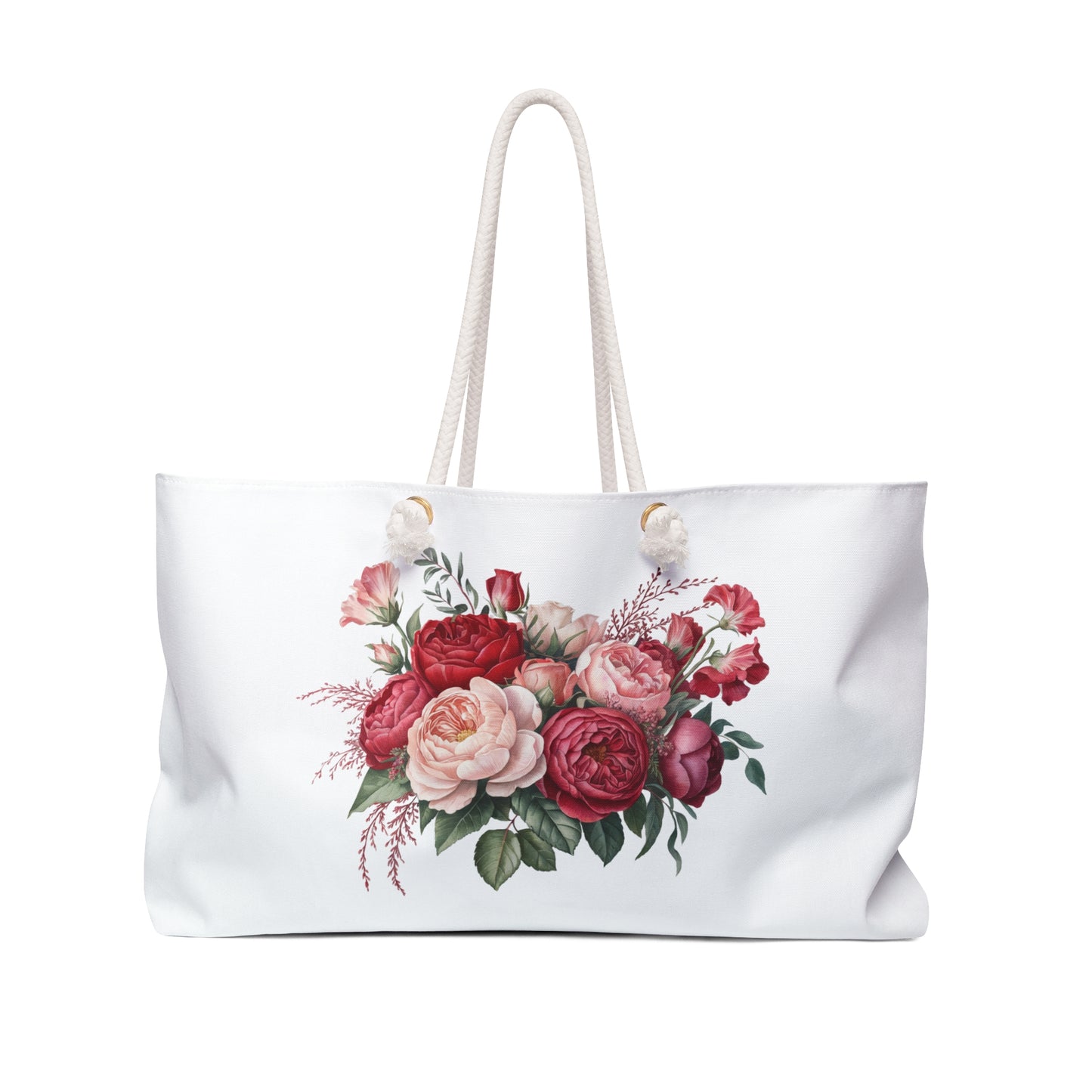 Weekender Bag - Red Bouquet Design: Close-up of flower and leaf patterns on a shoulder bag, showcasing vibrant red rose motifs. Ideal for stylish weekend getaways, reflecting FireBrook Essentials' uplifting and joyful design ethos.